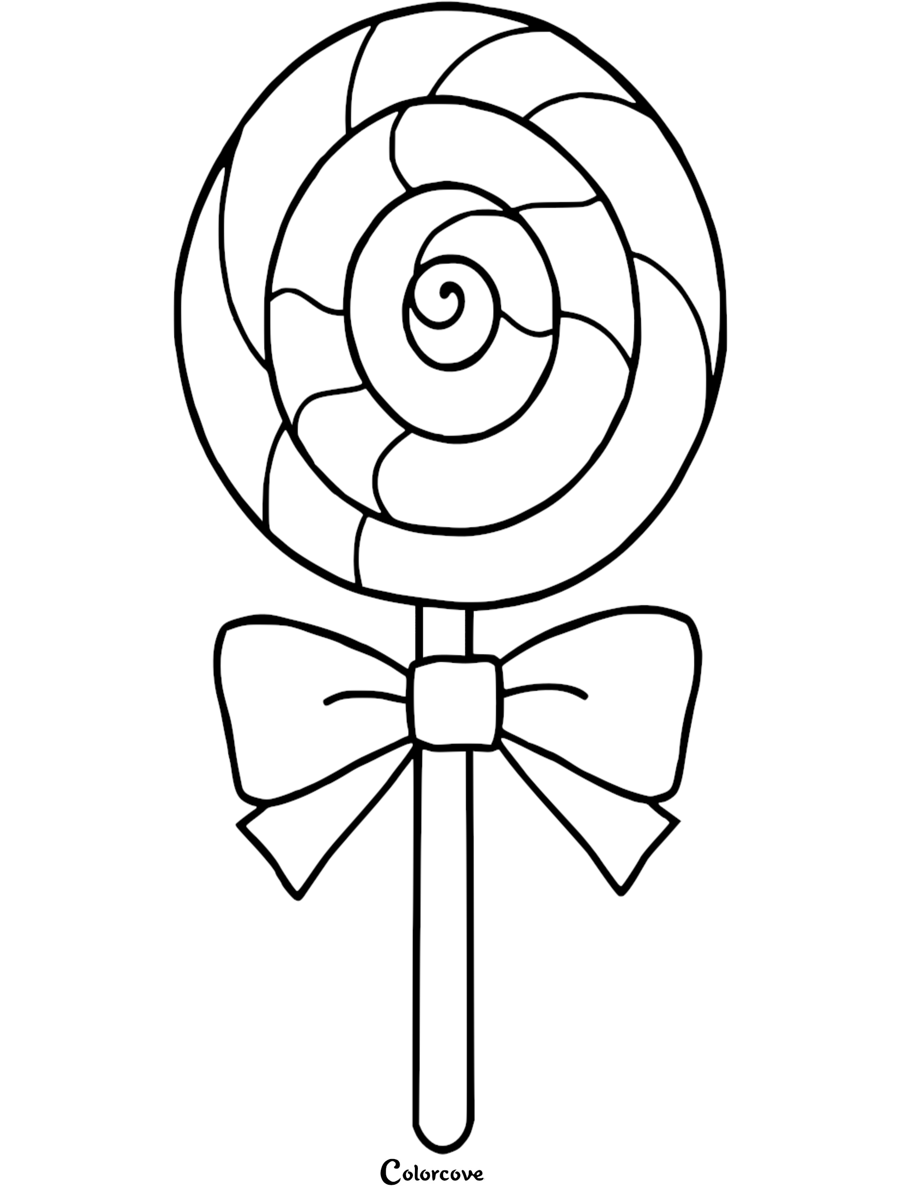 A simple line art coloring page featuring a round swirled lollipop with a decorative bow tied around the stick.