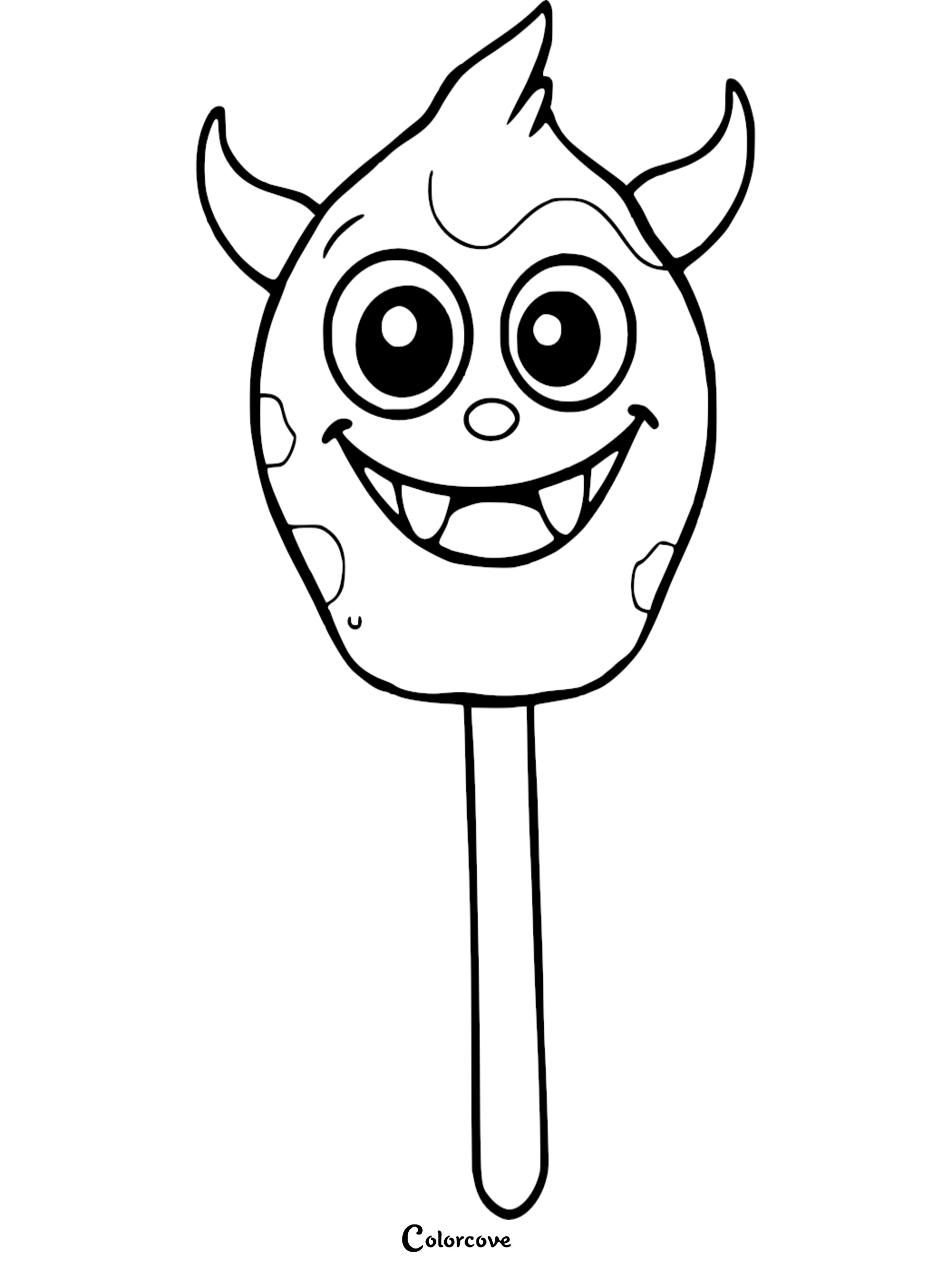 A cute monster-shaped lollipop coloring page with horns, large eyes, and a wide toothy grin on a stick.