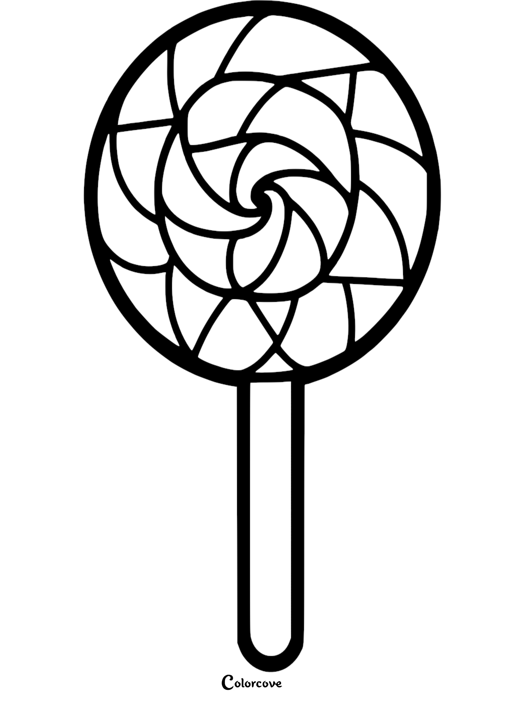 A simple black and white coloring page featuring a round lollipop with a swirling geometric pattern on a stick.