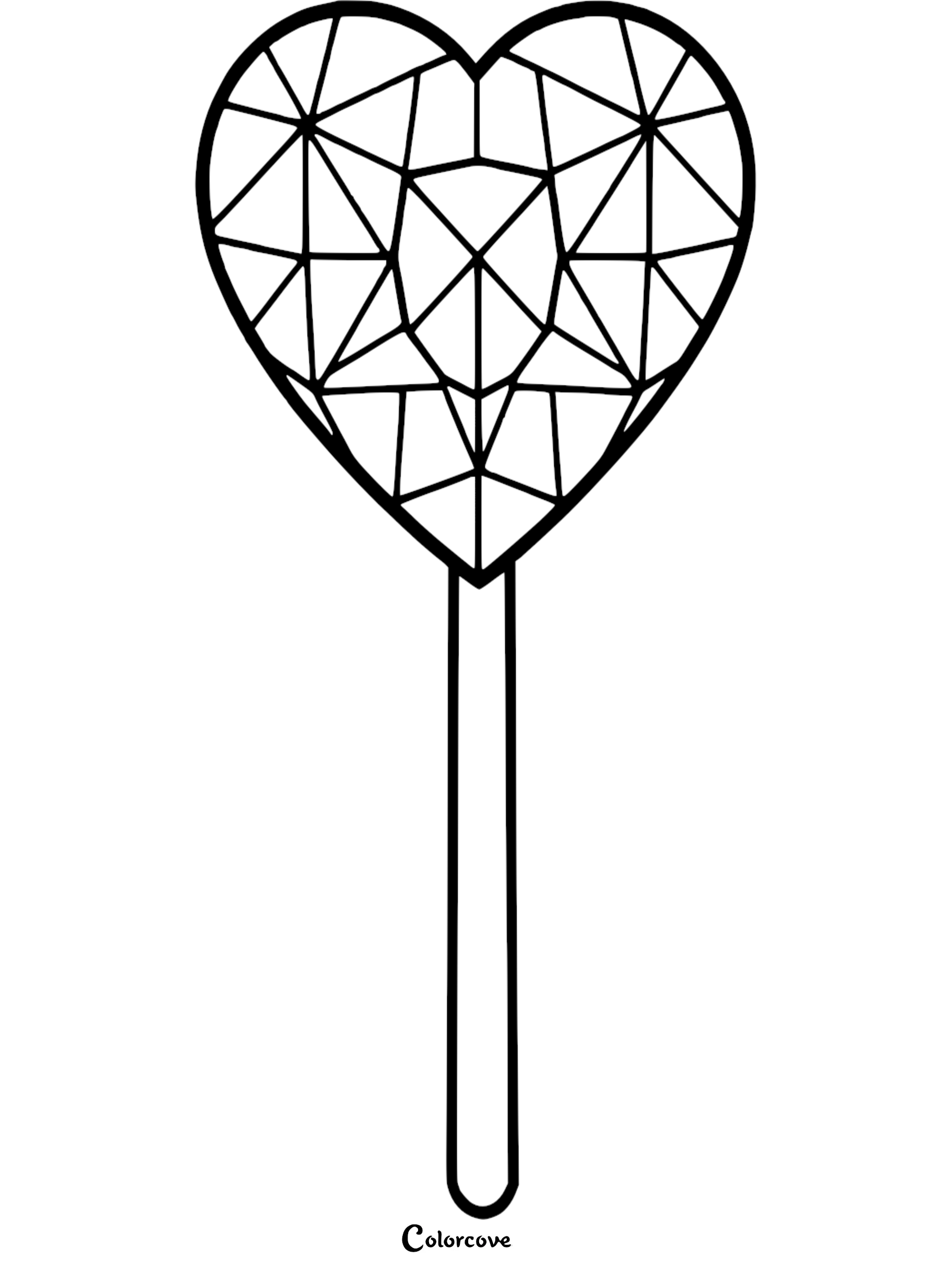 A geometric heart-shaped lollipop coloring page featuring a faceted diamond-like pattern on a simple stick.