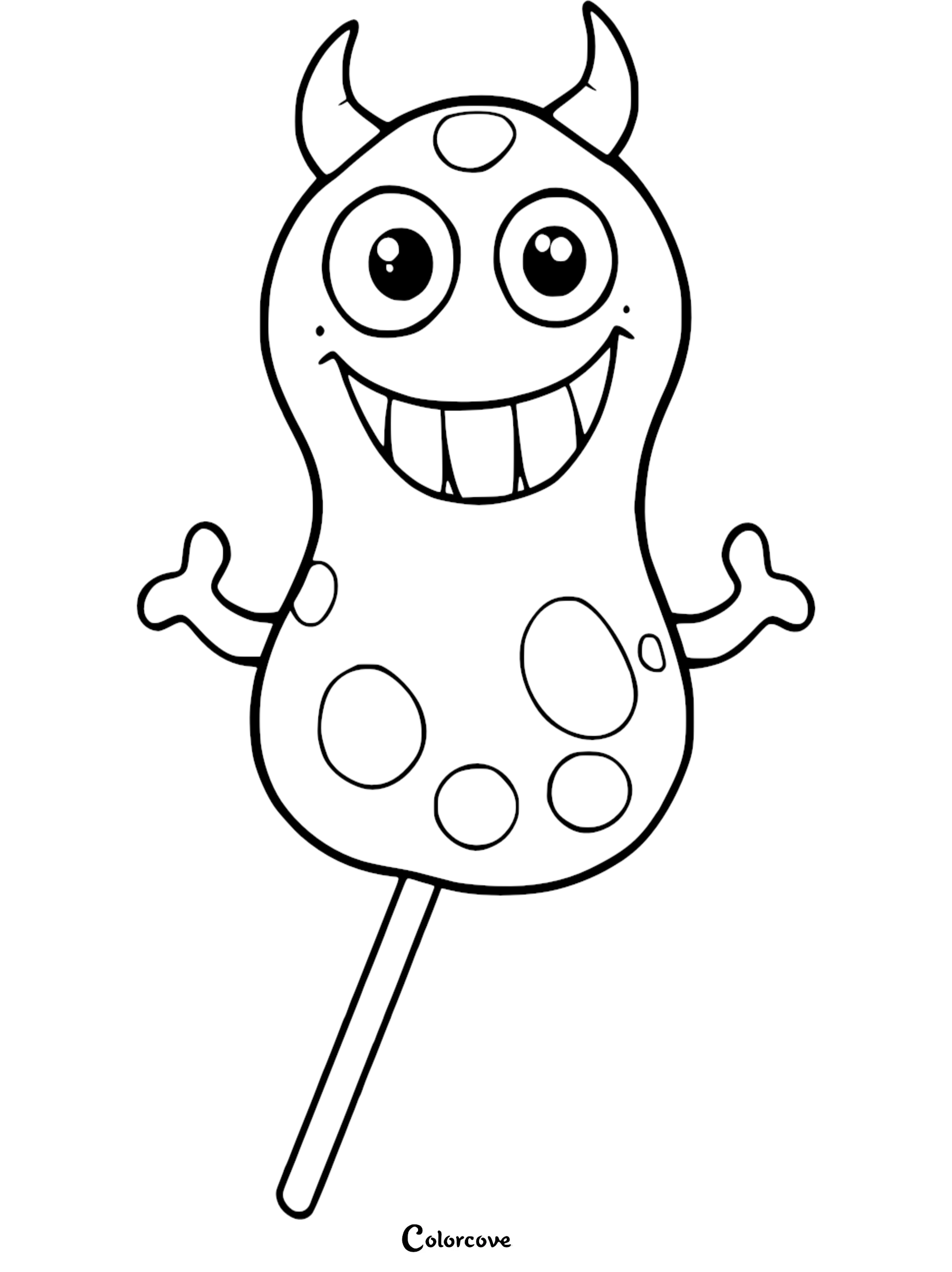 A cute monster lollipop with two horns, large eyes, and spots on a stick coloring page.
