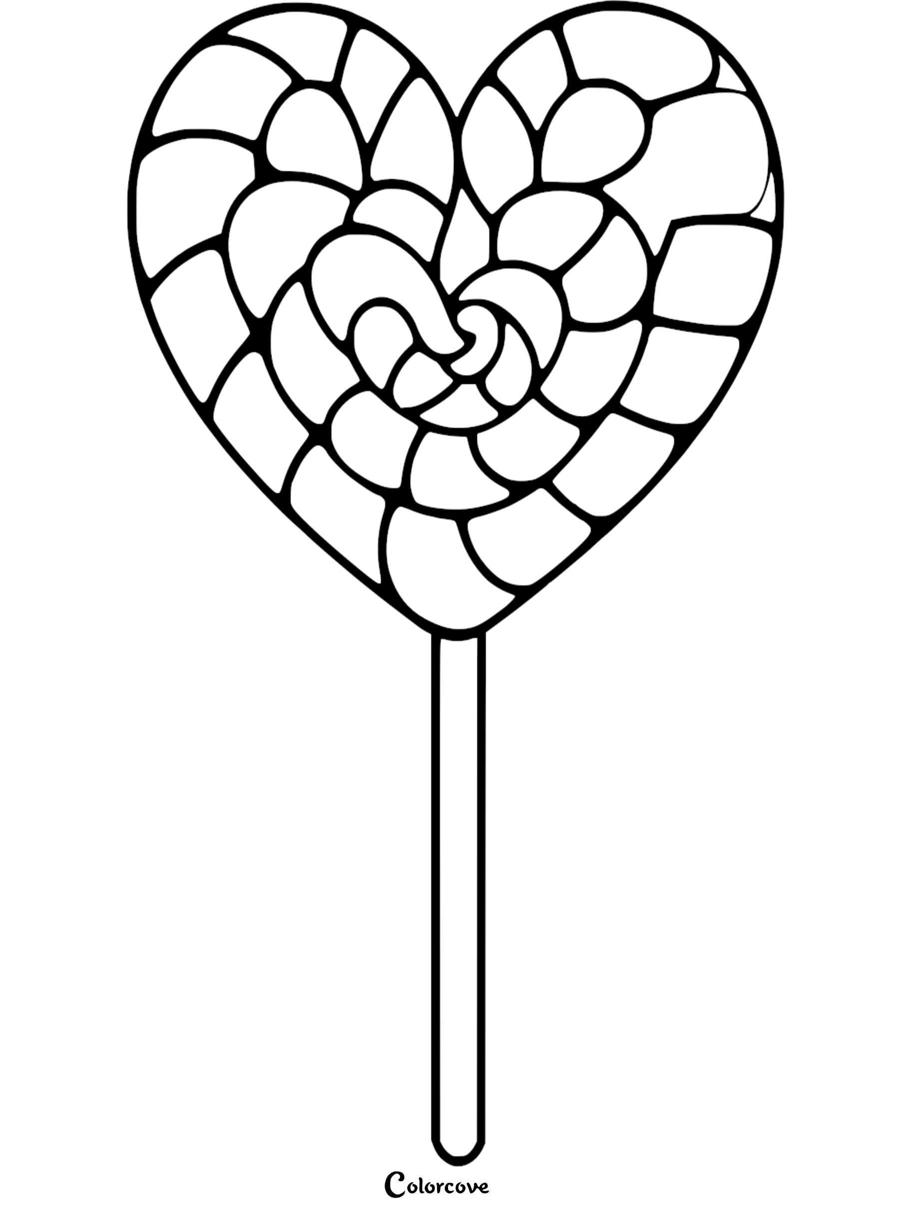A black and white coloring page featuring a heart-shaped lollipop with a swirling mosaic pattern on a stick.