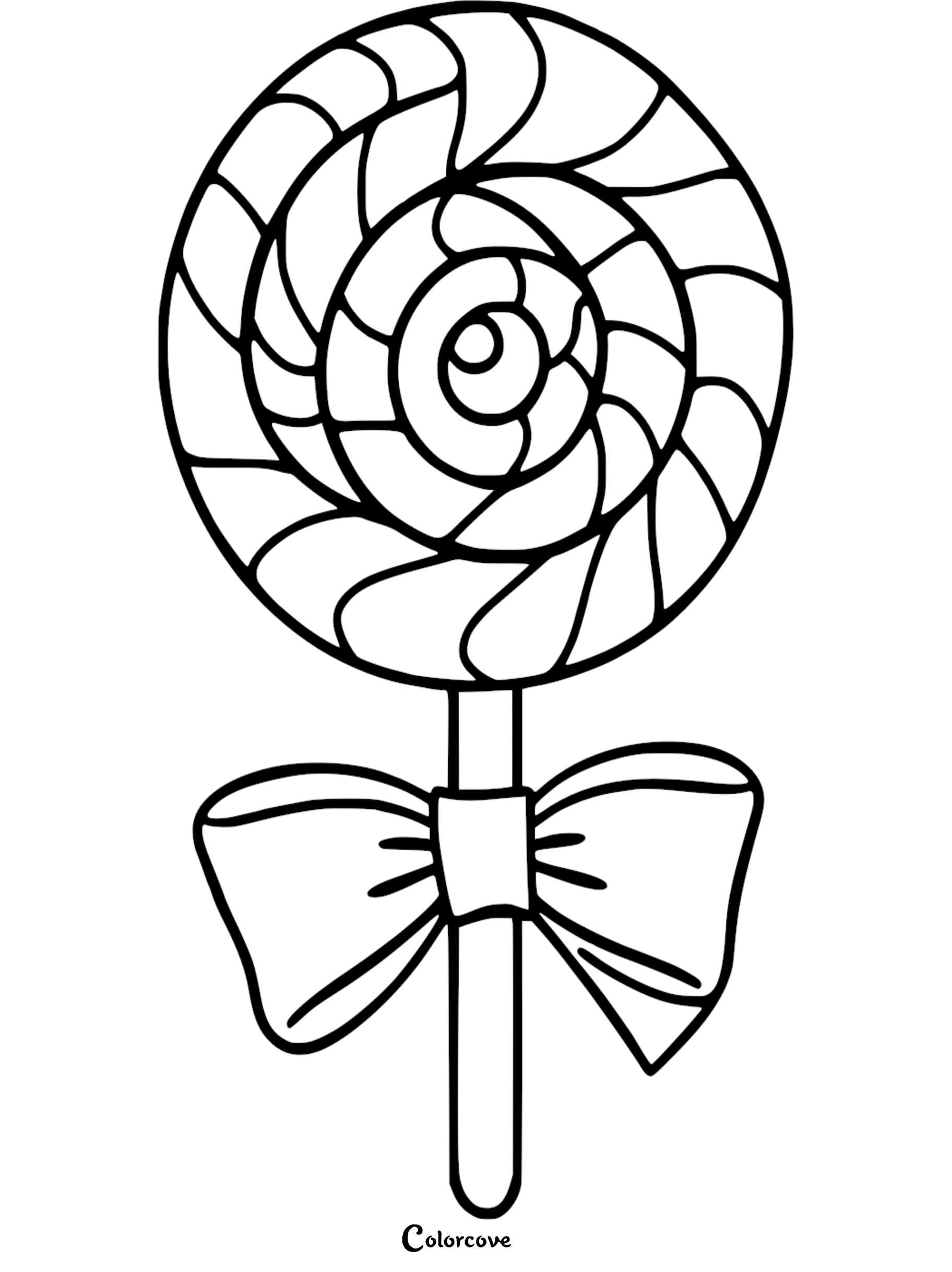 A black and white coloring page featuring a round swirled lollipop with a decorative bow tied around the stick.