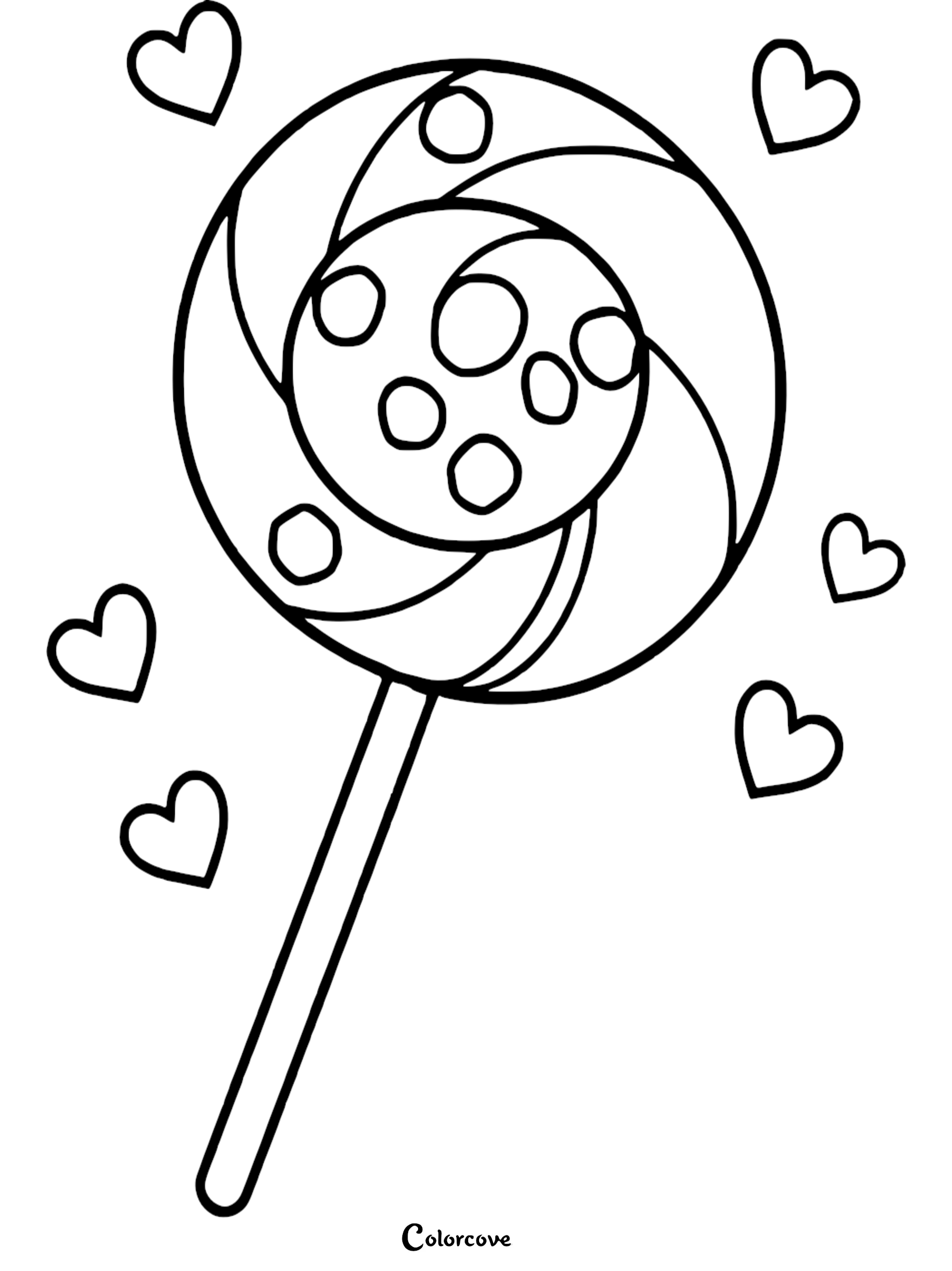 A round swirled lollipop with polka dots surrounded by floating hearts in this printable coloring page.