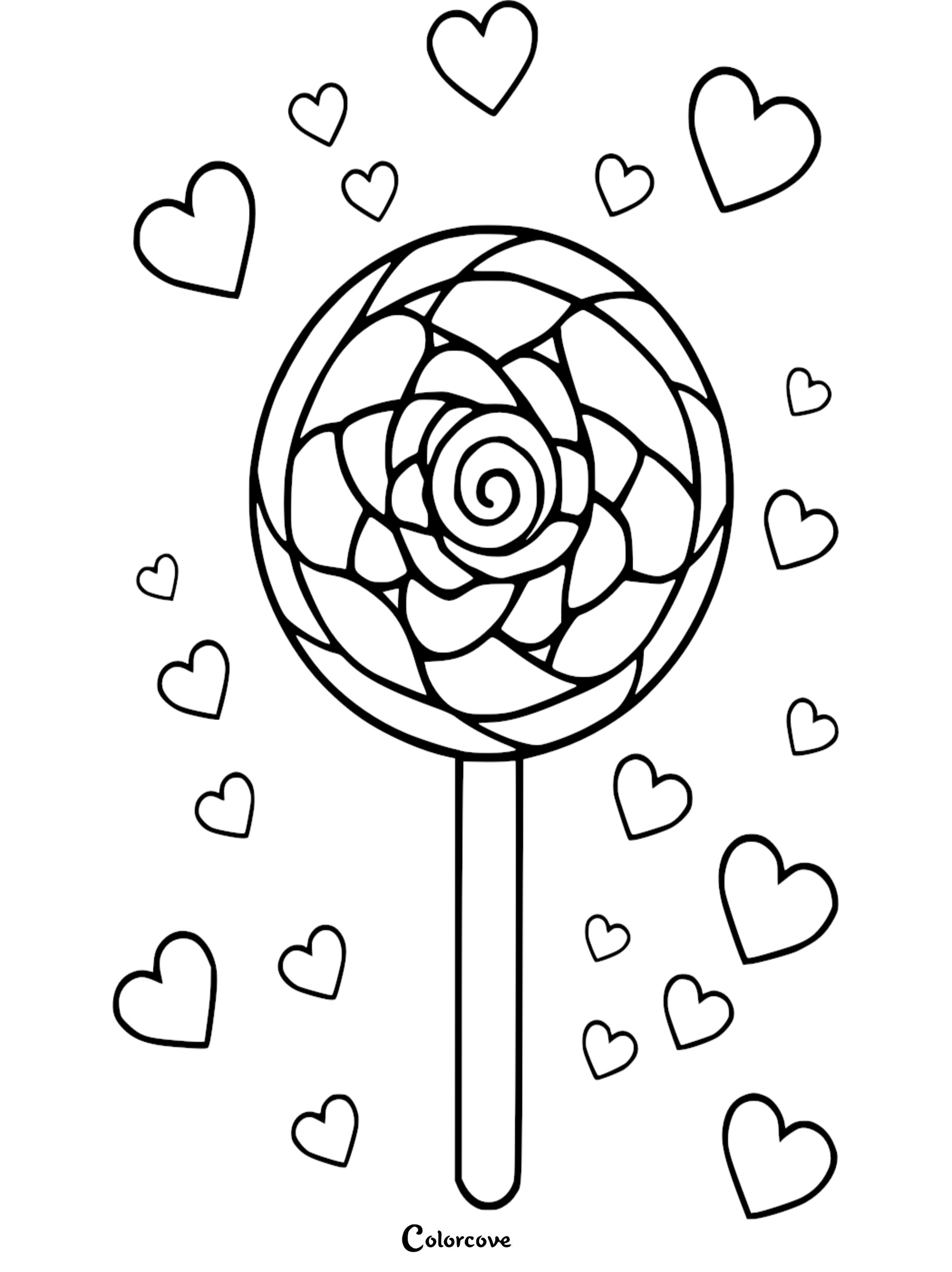 A circular lollipop with a swirling rose-like pattern surrounded by floating hearts in this printable coloring page.