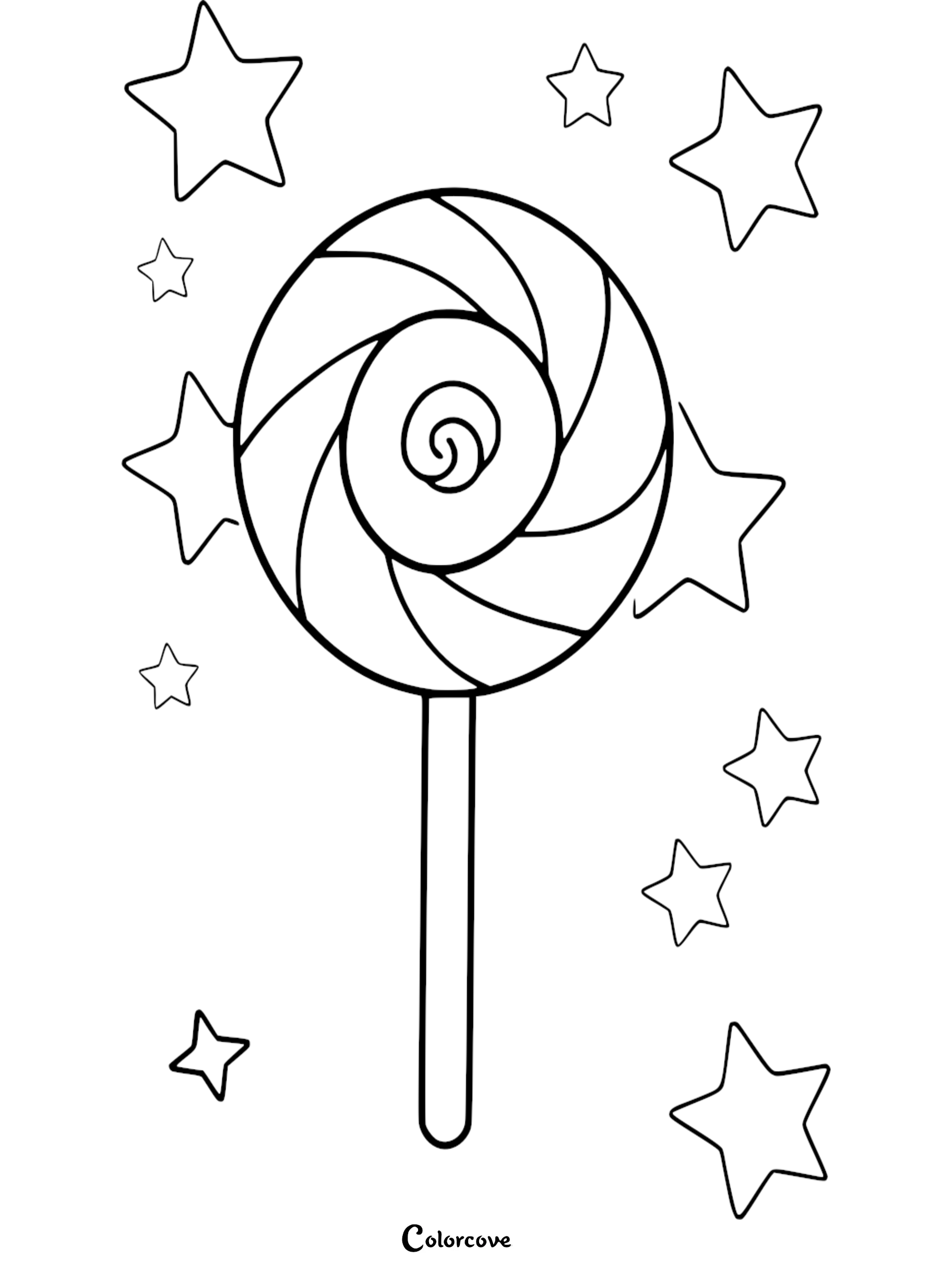 A simple coloring page featuring a large, round swirl lollipop surrounded by various sizes of five-pointed stars.