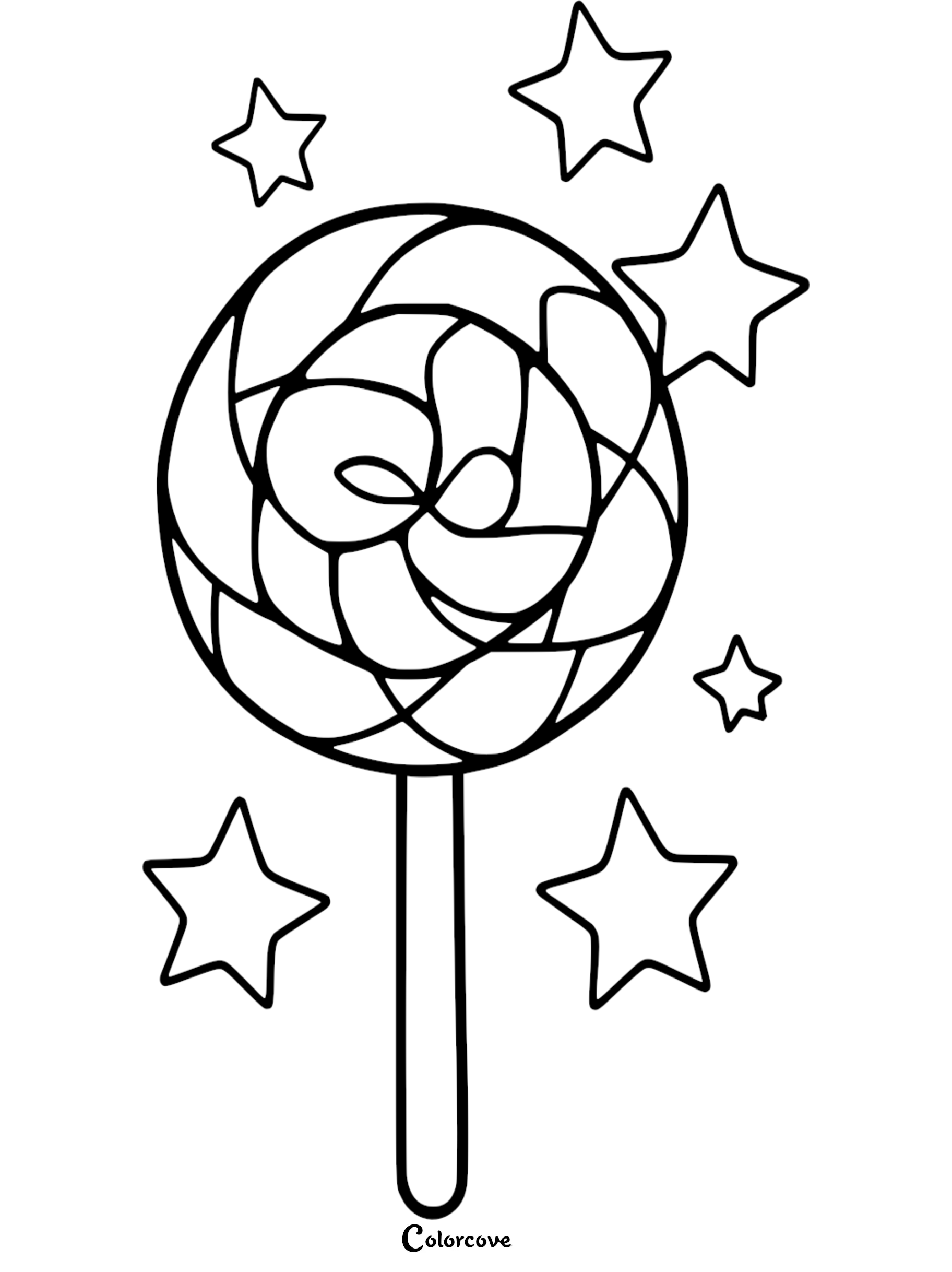 A round swirled lollipop surrounded by five decorative stars in this printable coloring page.