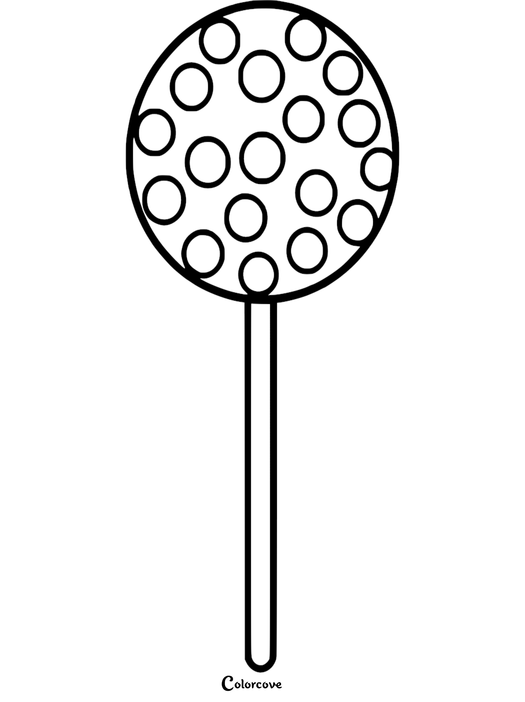 A simple black and white coloring page featuring a round lollipop decorated with various circular polka dots on a thin stick.