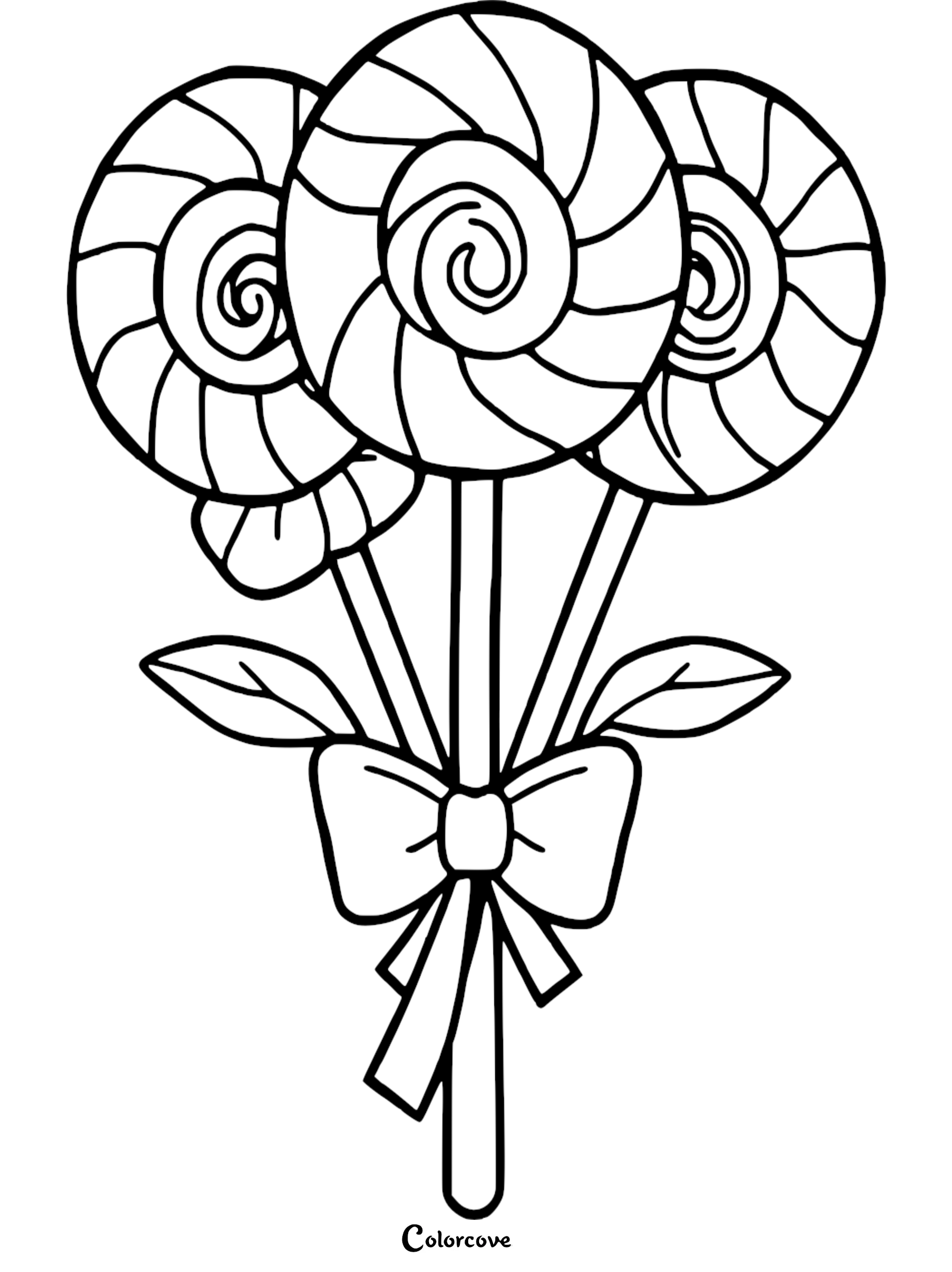 A coloring page featuring three swirled lollipops tied together with a decorative bow and two leaves.