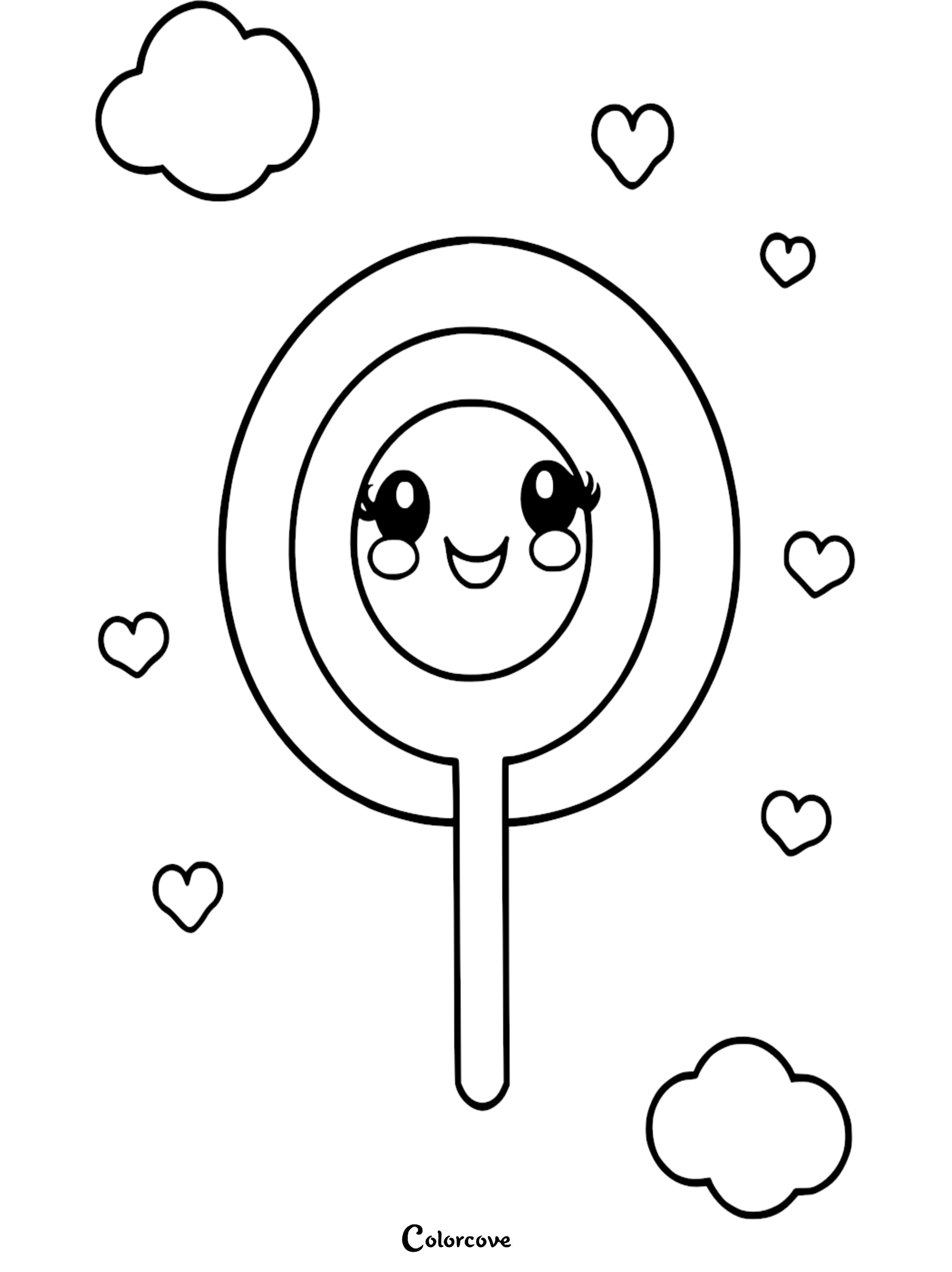 A cute kawaii lollipop with a smiling face surrounded by hearts and clouds in this printable coloring page.