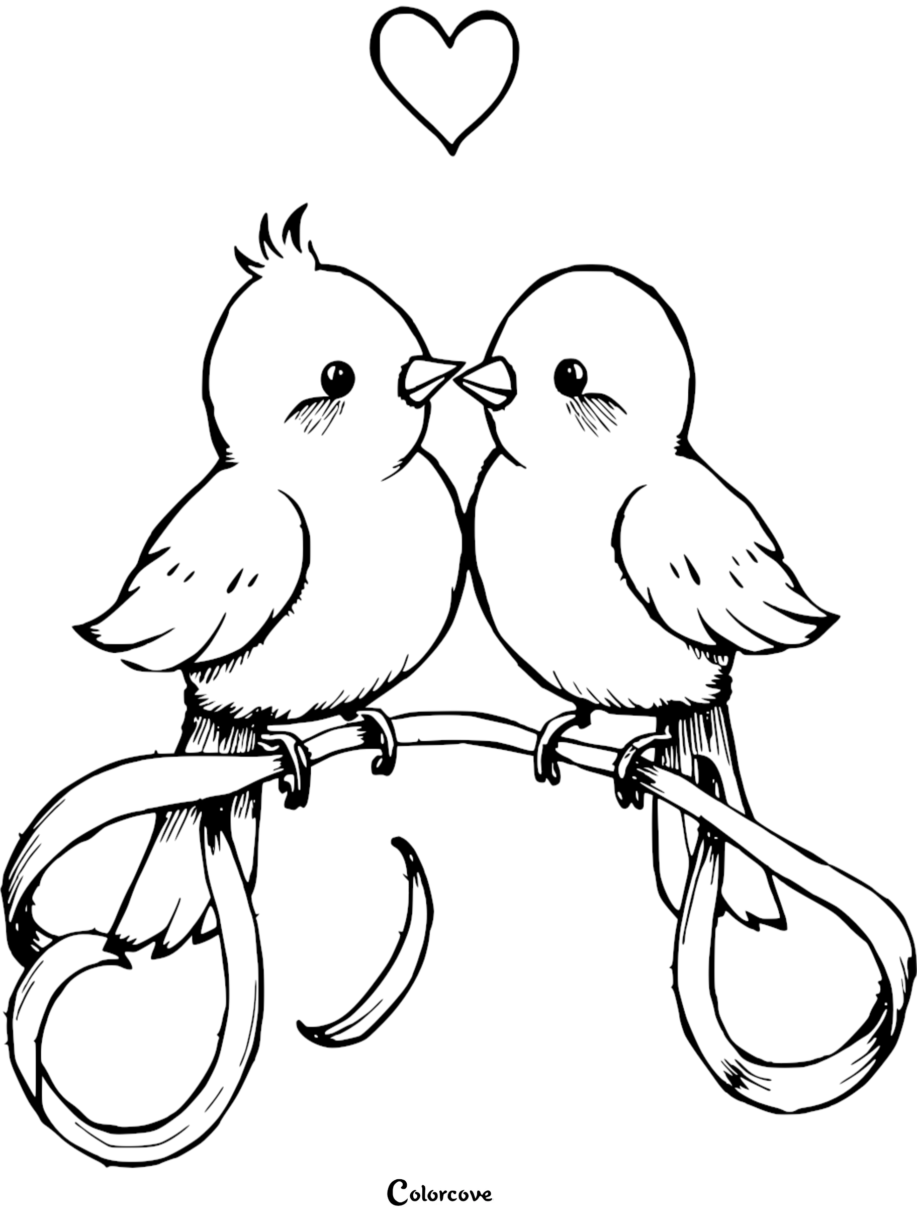 A printable coloring page of two cute birds perched on a branch with a heart, ideal for Valentine's Day or nature-themed activities.