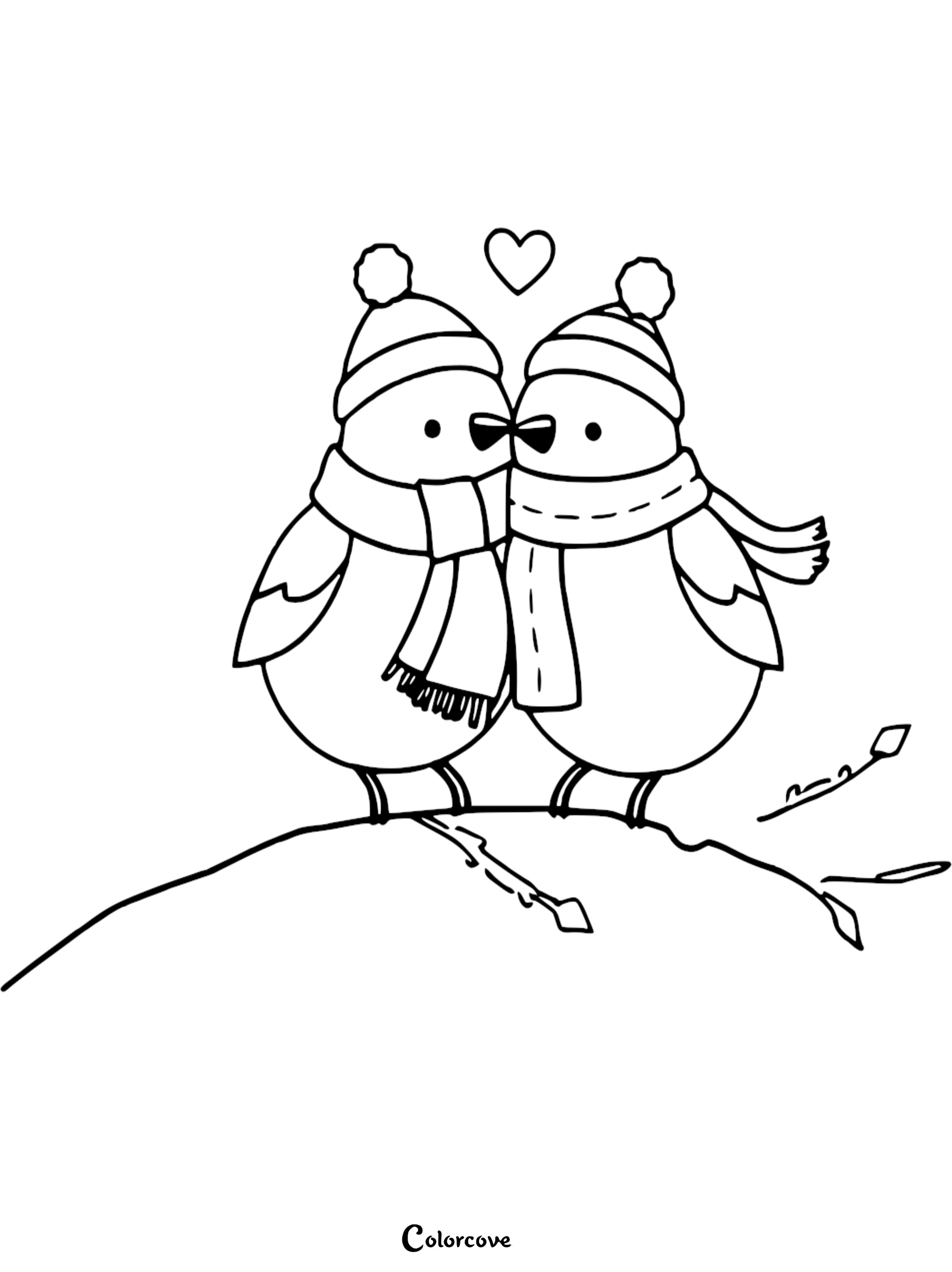 Printable coloring page of two cute birds in love wearing winter hats and scarves with a heart above them.