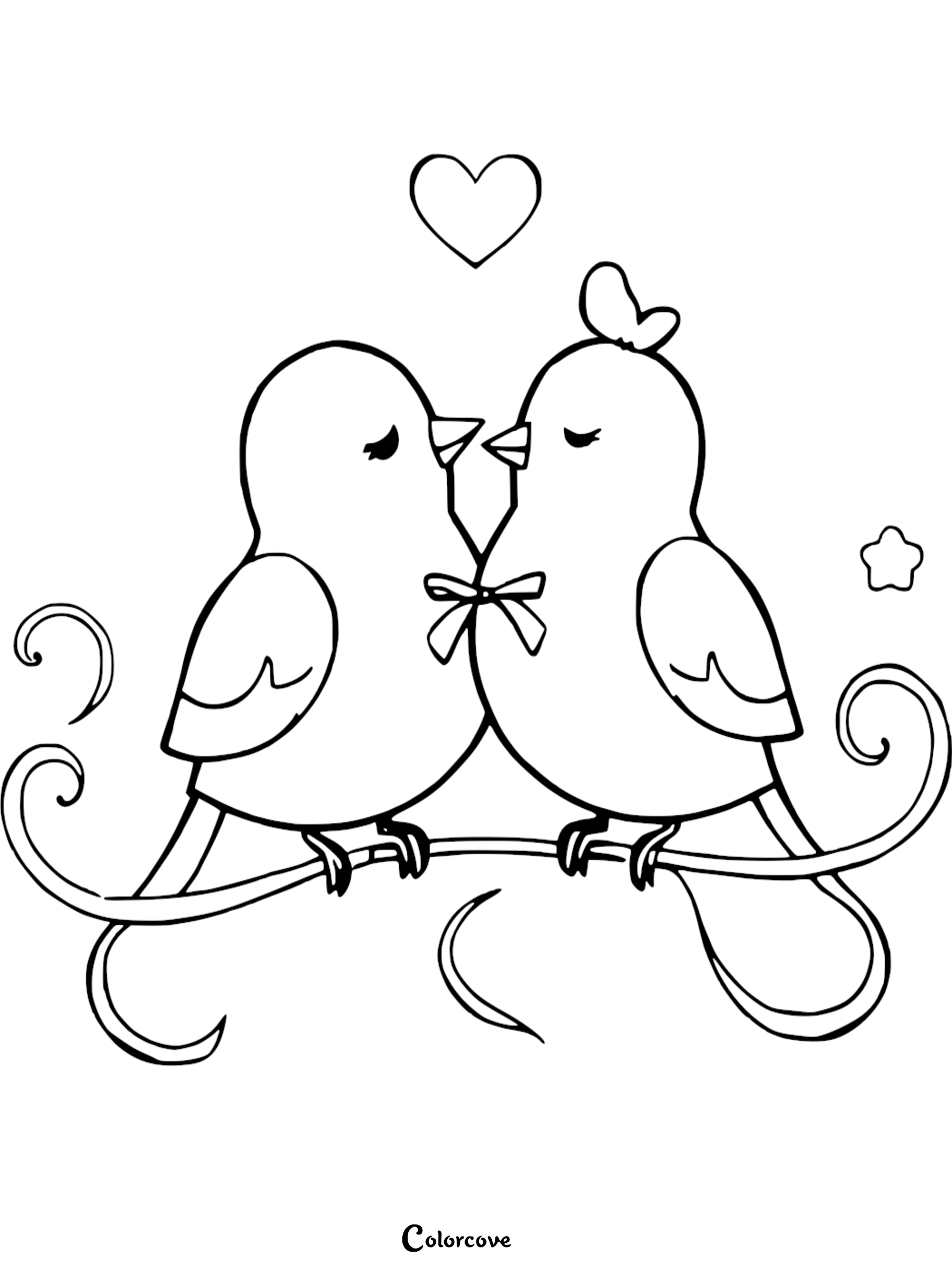 A cute lovebirds coloring page for kids featuring two birds sitting on a decorative branch with a heart above them, perfect for Valentine's Day crafts.