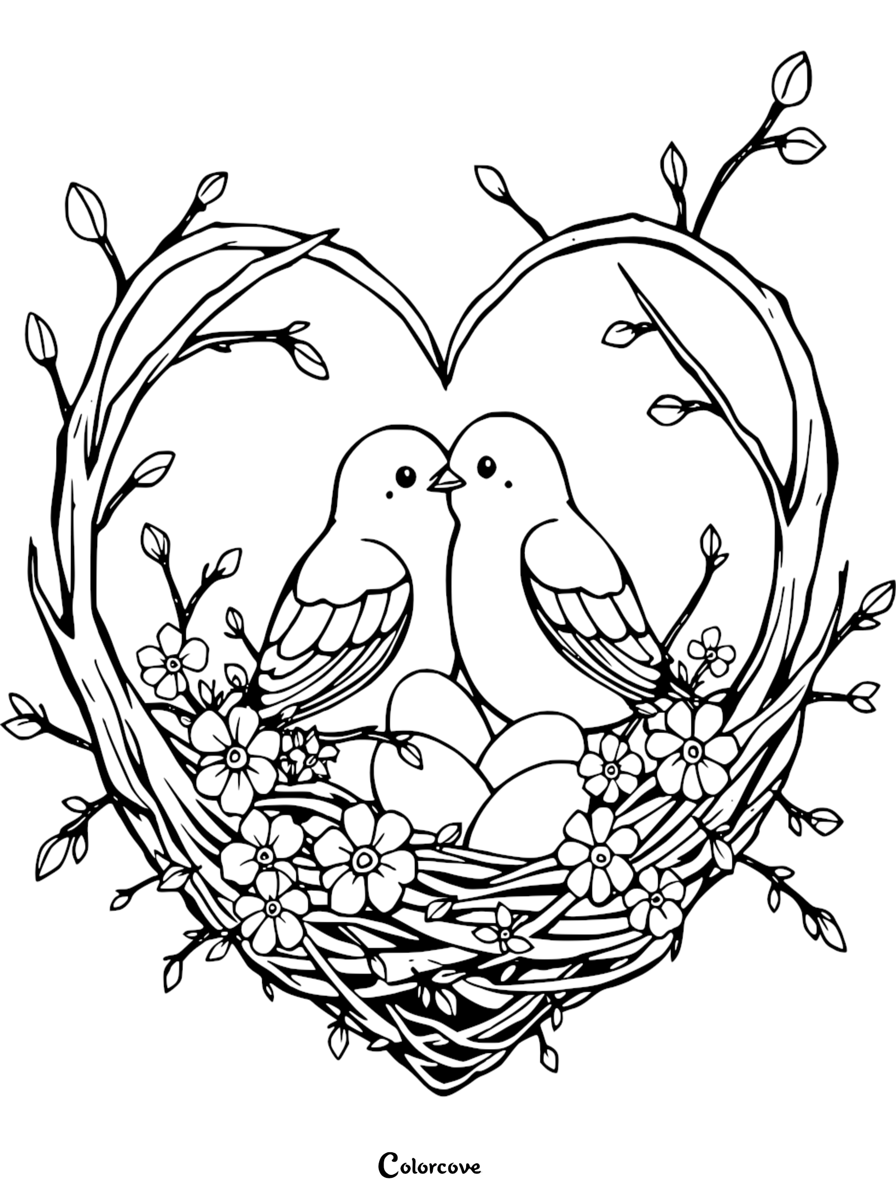 A beautiful line art coloring page of two cute birds in a heart-shaped nest with eggs and spring flowers for kids and adults.