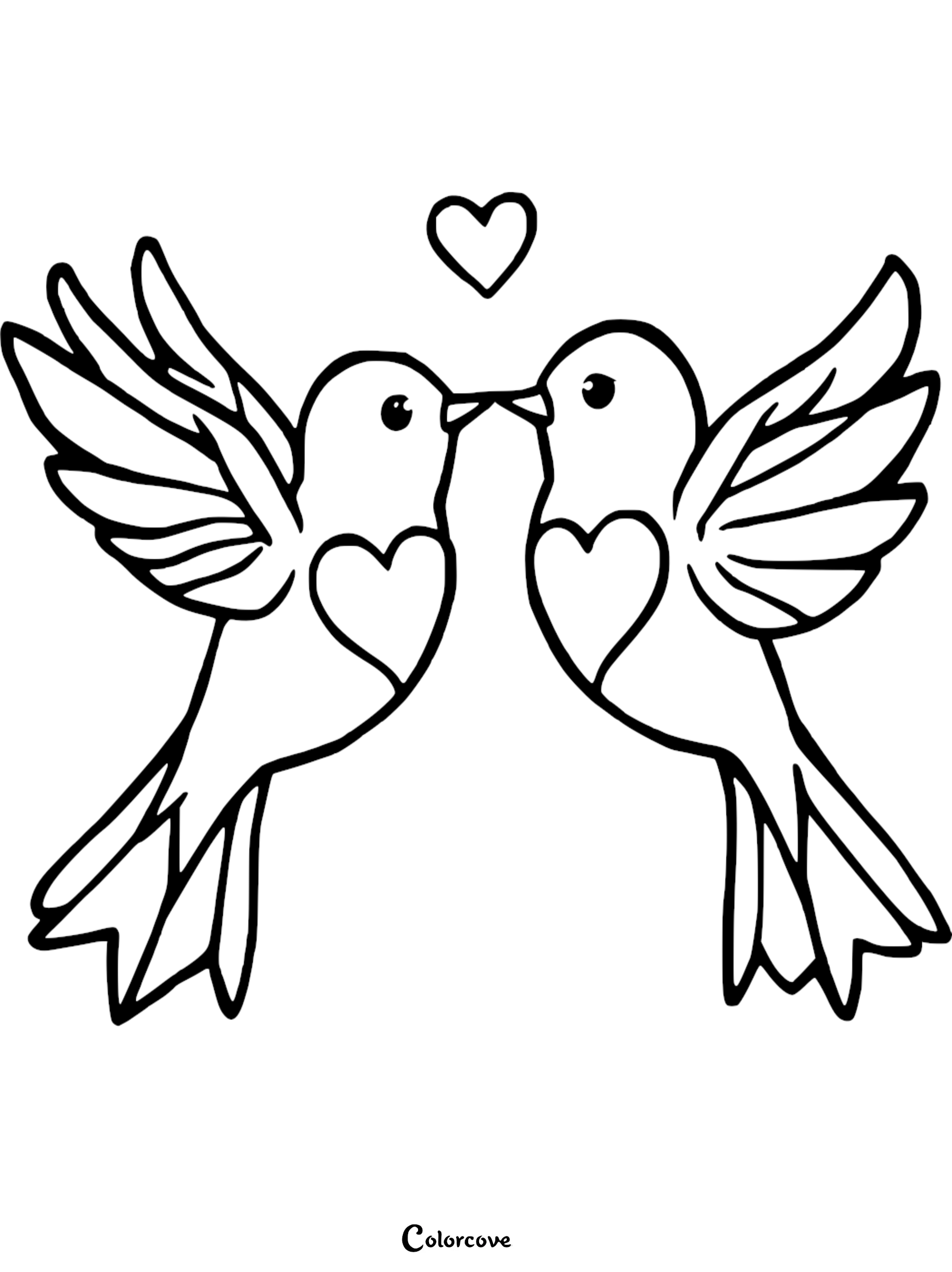 Cute love birds coloring page for kids featuring two birds touching beaks with heart patterns.