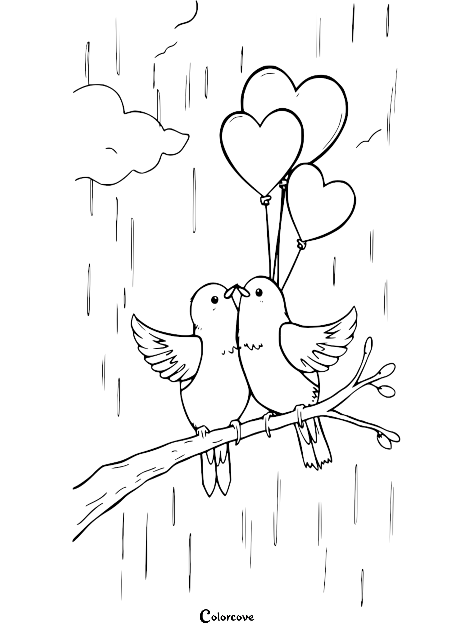 A cute coloring page of two lovebirds perched on a tree branch in the rain holding heart-shaped balloons.