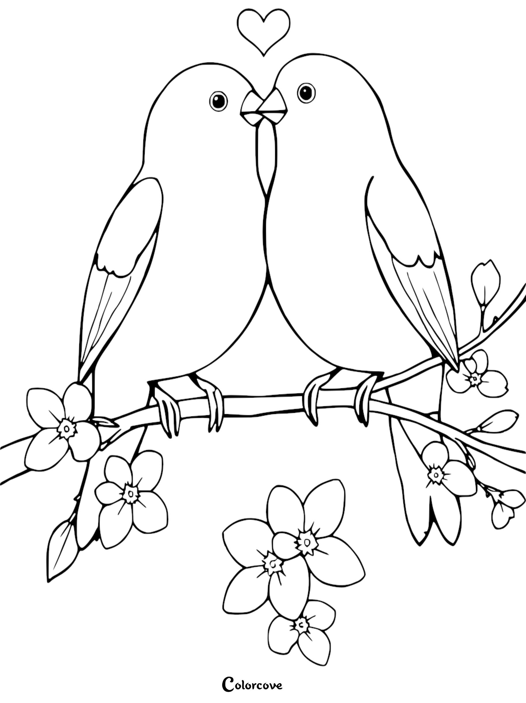 Free printable lovebirds coloring page for kids and adults featuring two birds kissing on a blossom tree branch with a heart.