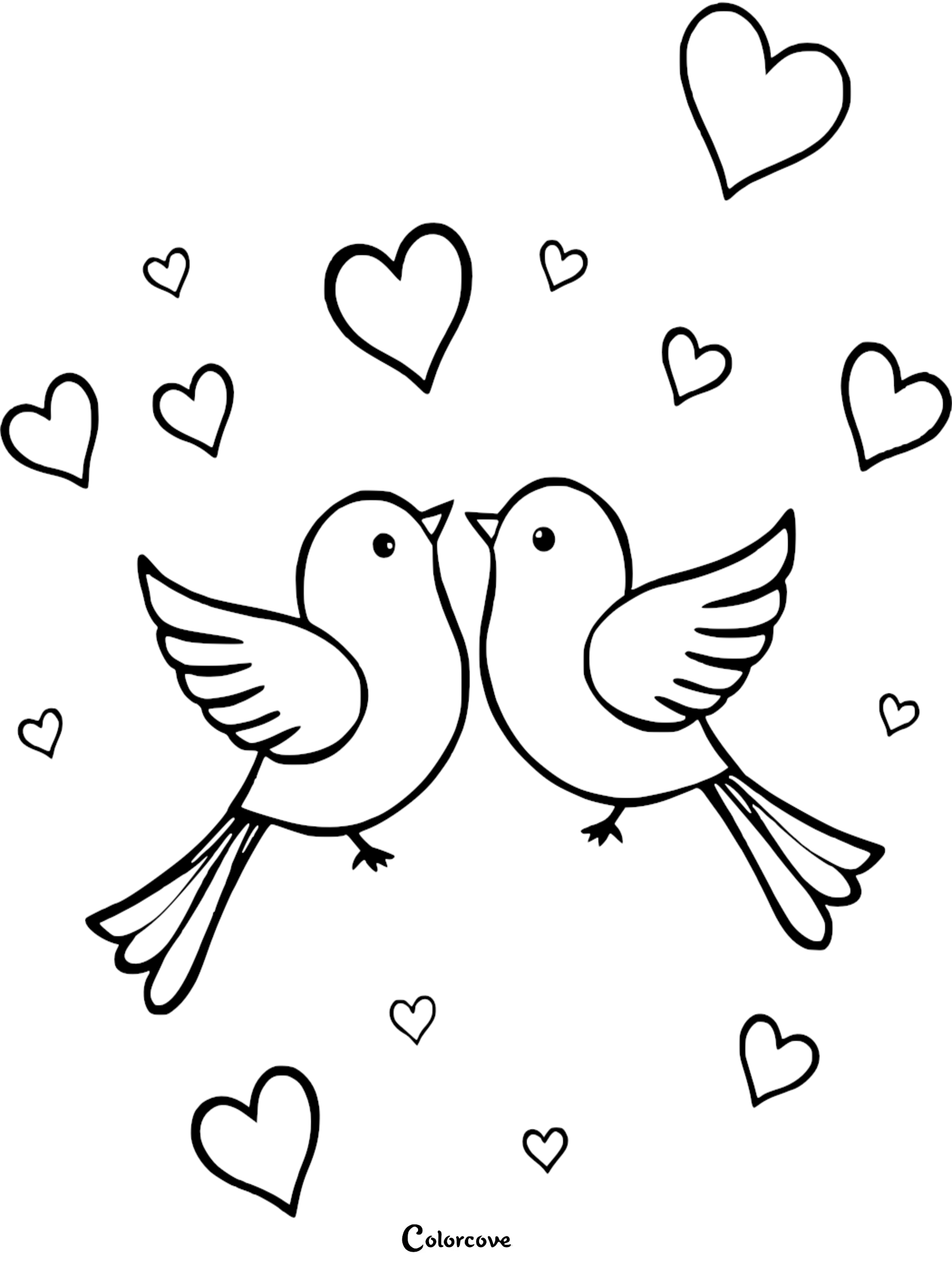 A sweet printable coloring page of two lovebirds facing each other surrounded by floating hearts, perfect for Valentine's Day.