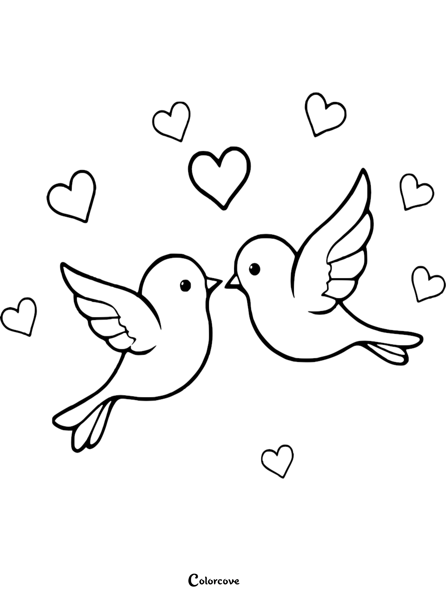 A cute coloring page of two love birds flying towards each other surrounded by floating hearts, ideal for Valentine's Day kids activities.