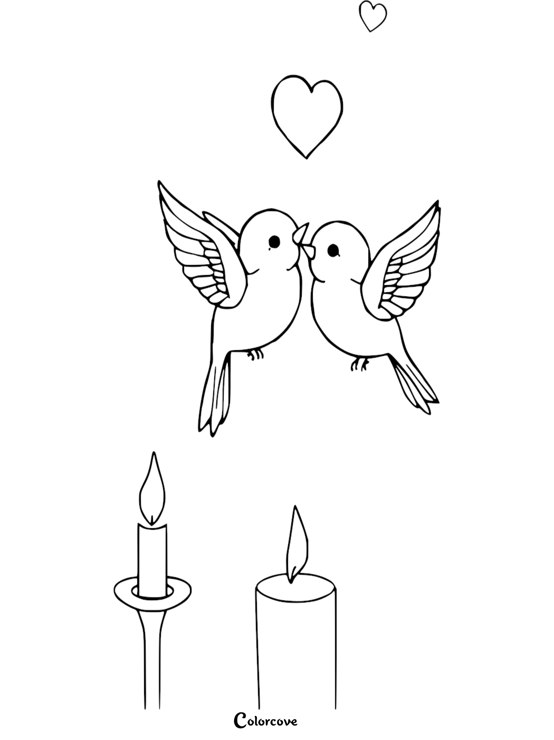 A sweet lovebirds coloring page for kids featuring two birds kissing with hearts and lit candles, perfect for Valentine's Day.