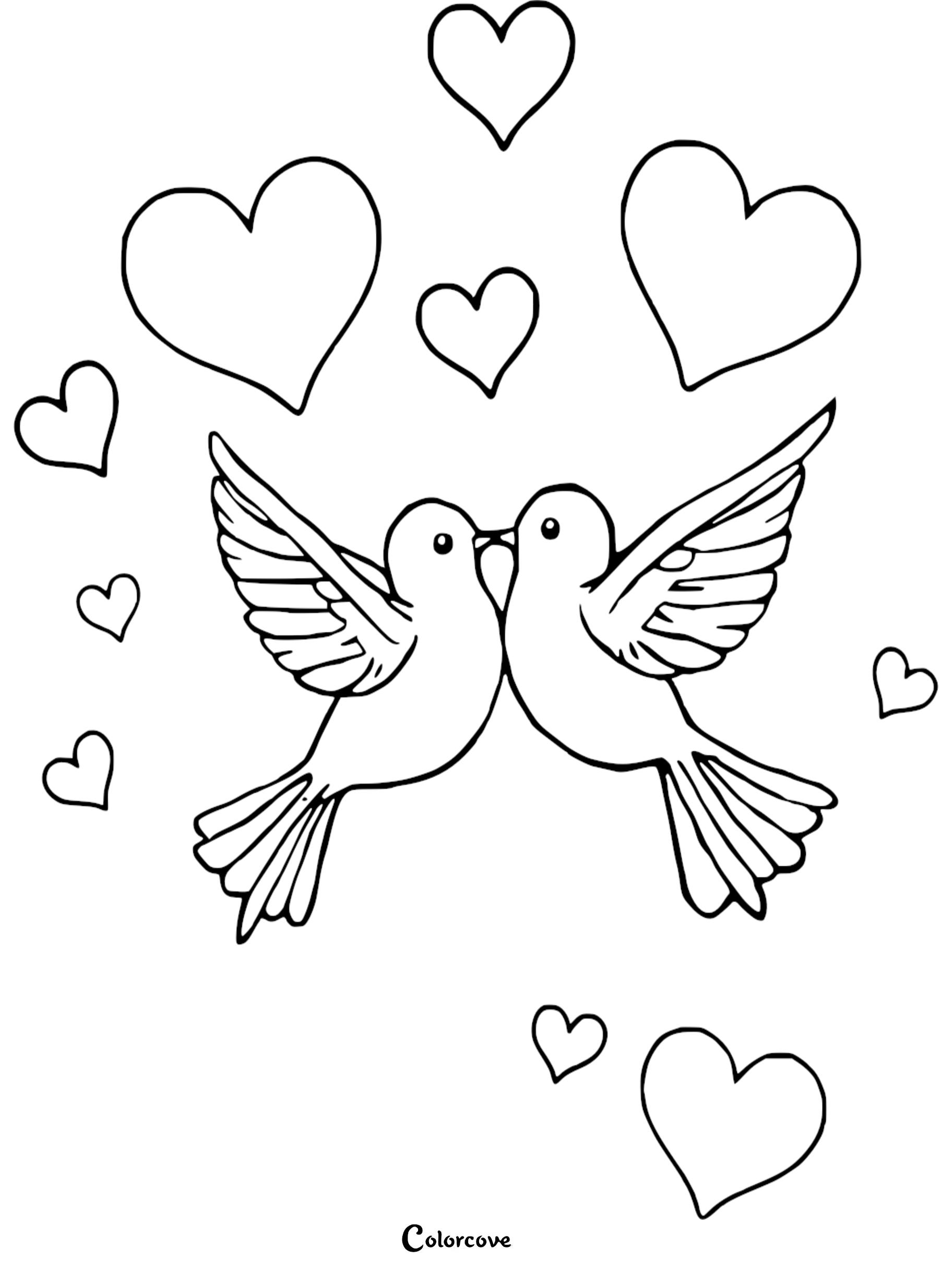 A free printable coloring page featuring two cute love birds kissing, surrounded by floating hearts, perfect for Valentine's Day activities.