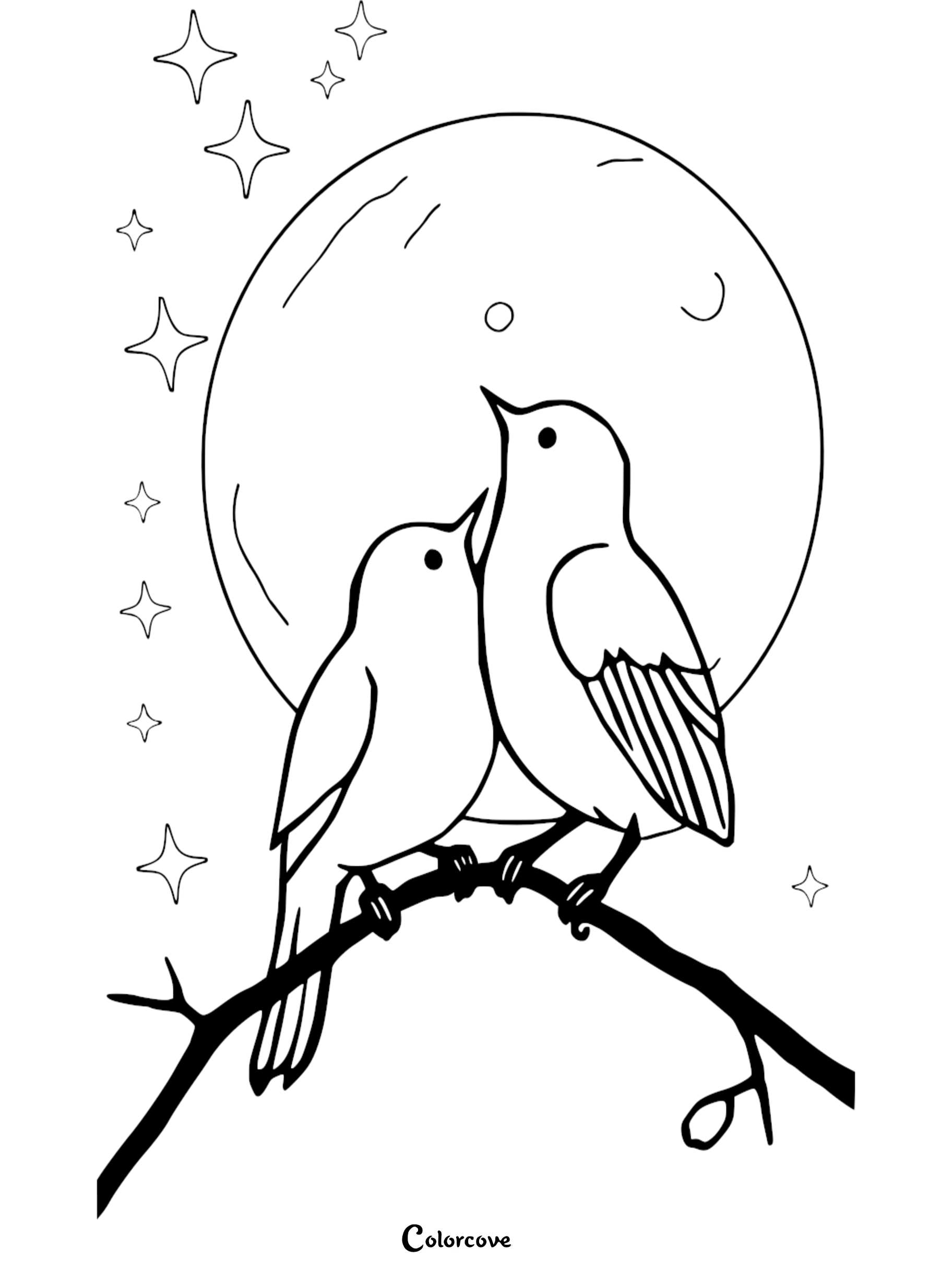 A sweet coloring page featuring two birds perched on a tree branch under a large full moon and sparkling stars in the night sky.
