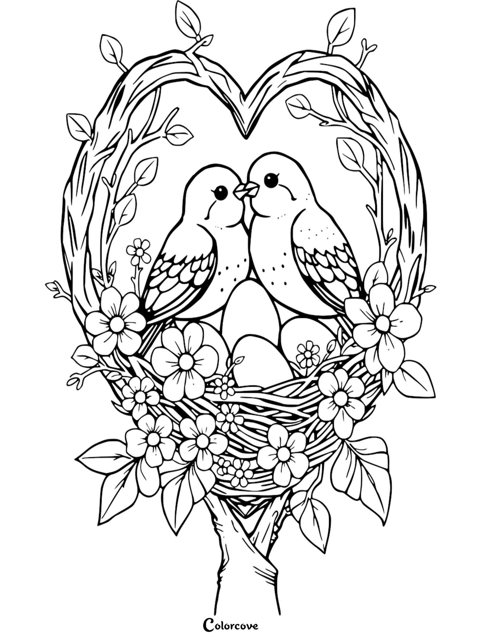A beautiful coloring page featuring two love birds sitting in a heart-shaped nest with eggs and spring flowers for kids.