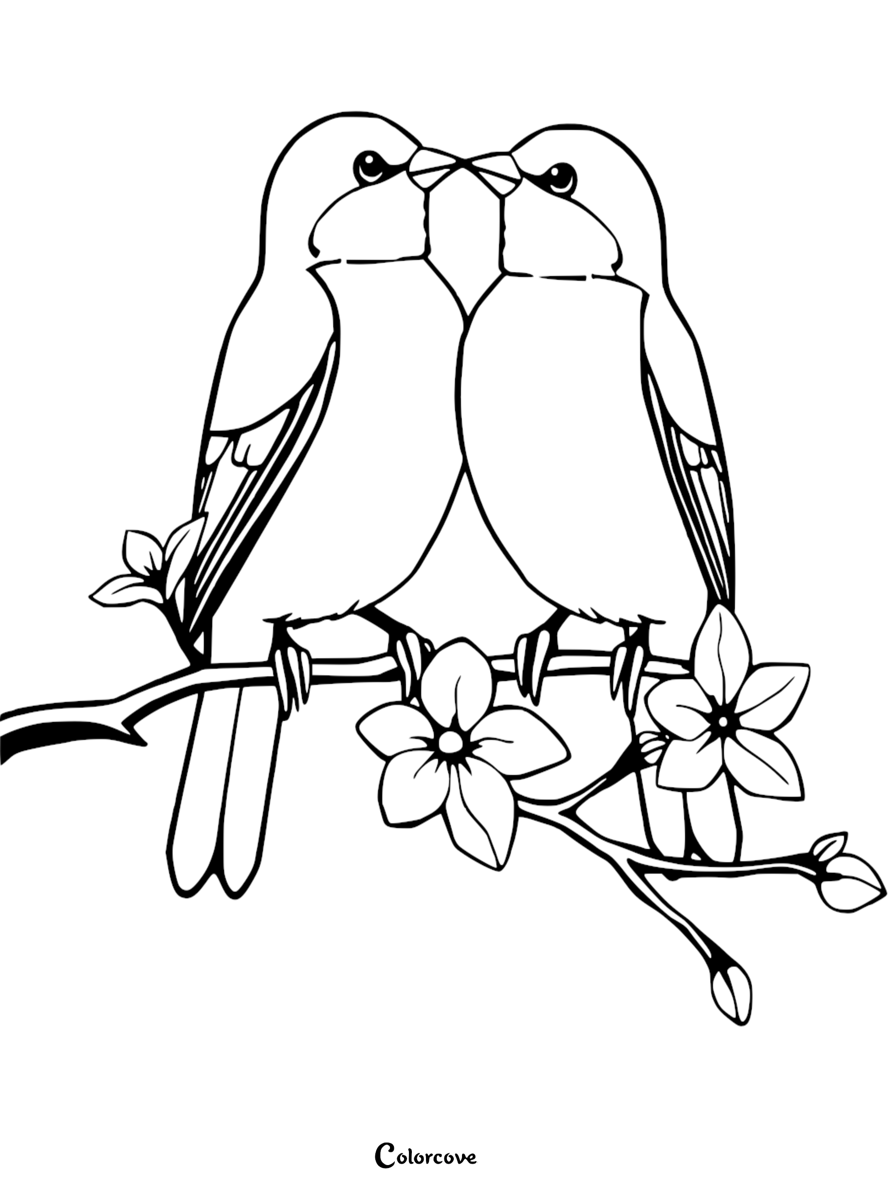 A beautiful coloring page featuring two birds sitting together on a blooming flower branch, perfect for kids and adults to color.