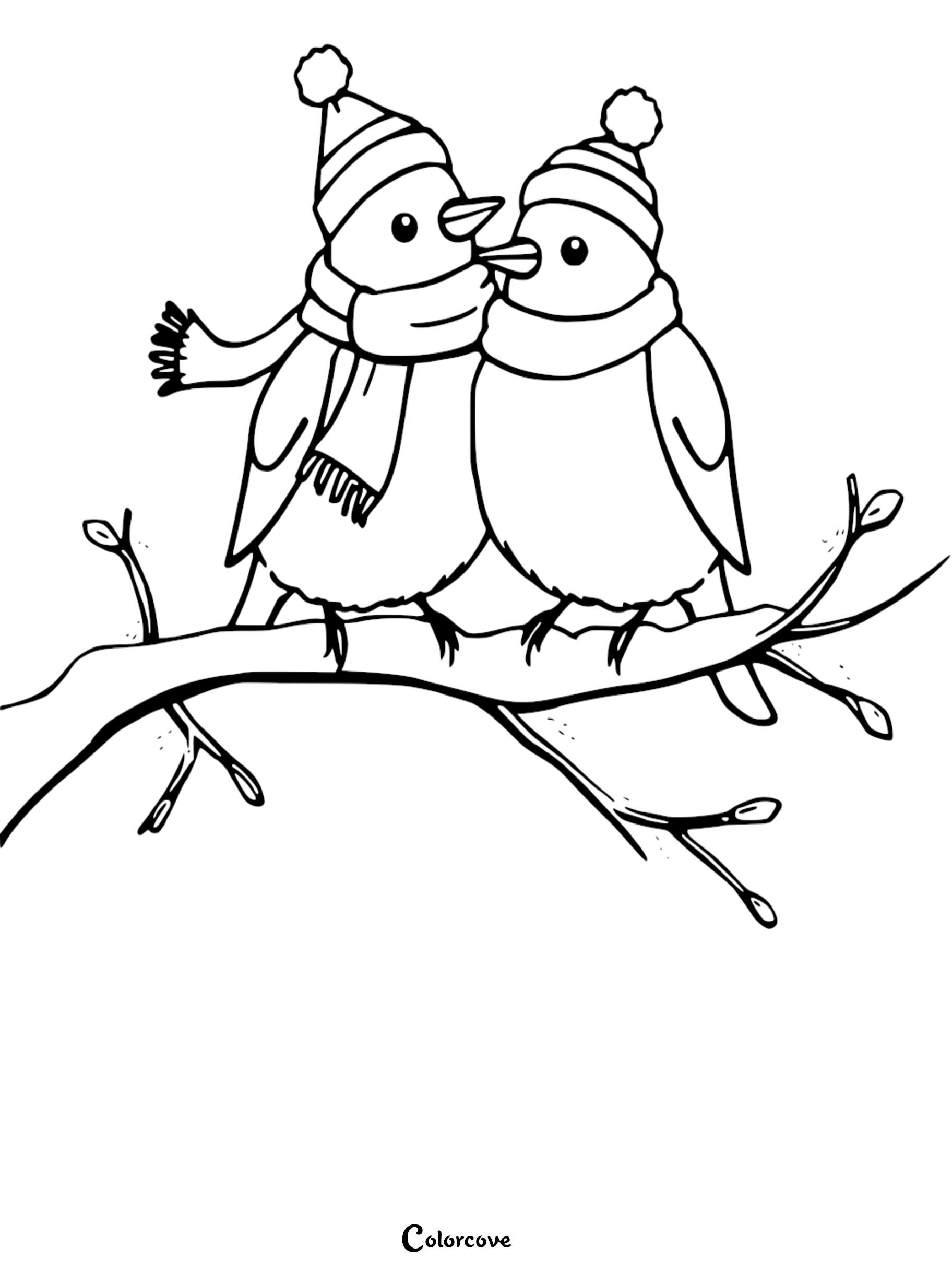 A cute coloring page of two winter birds wearing pom-pom hats and cozy scarves while sitting together on a snowy tree branch.