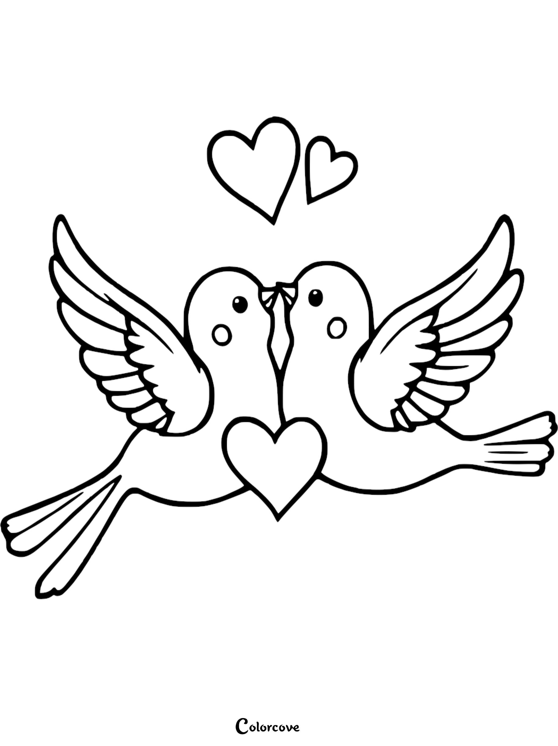 A cute printable coloring page featuring two lovebirds kissing in mid-air surrounded by hearts for a romantic Valentine's Day activity.