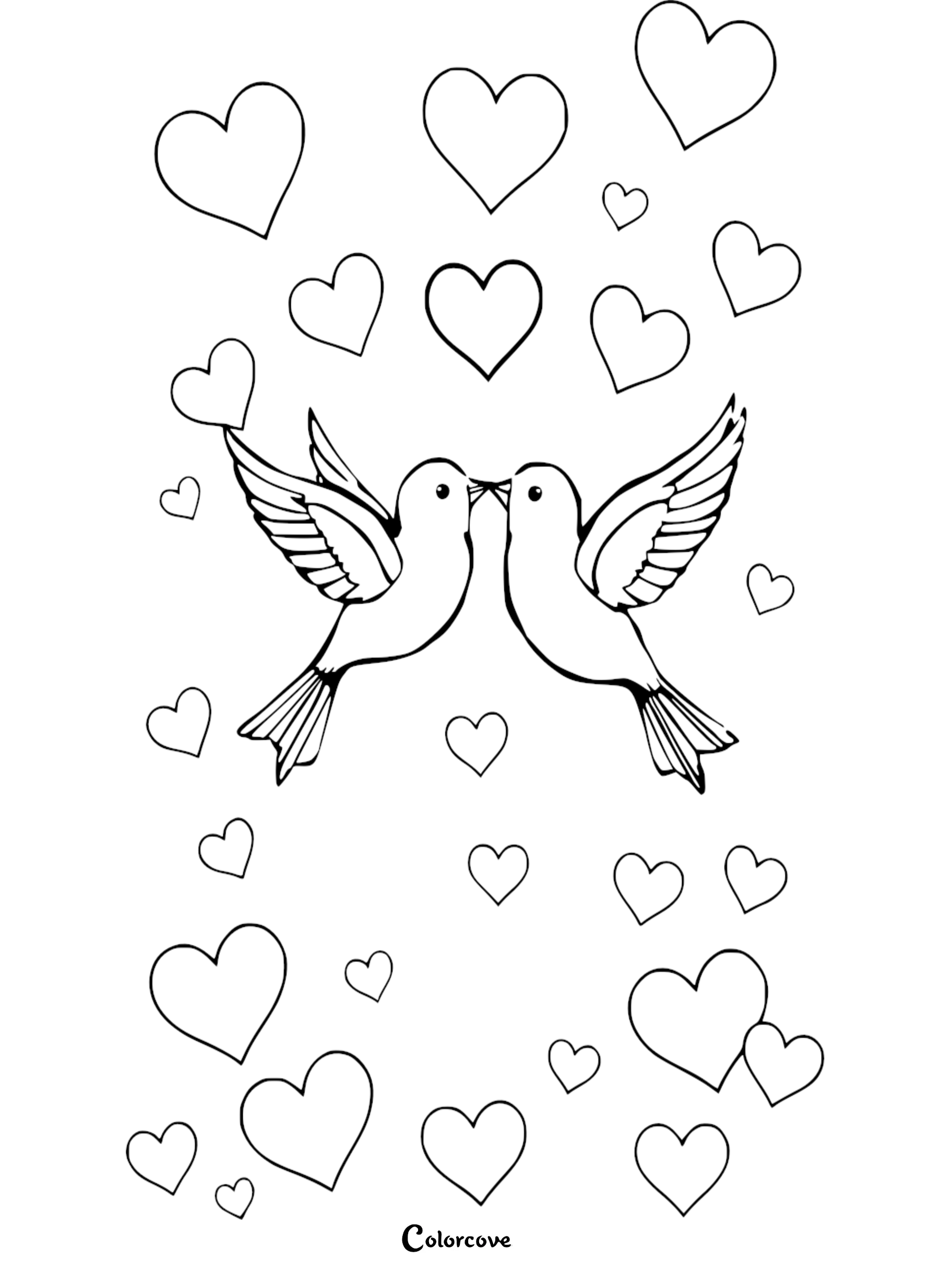 Two romantic love birds flying together surrounded by many floating hearts on a printable coloring page for kids.