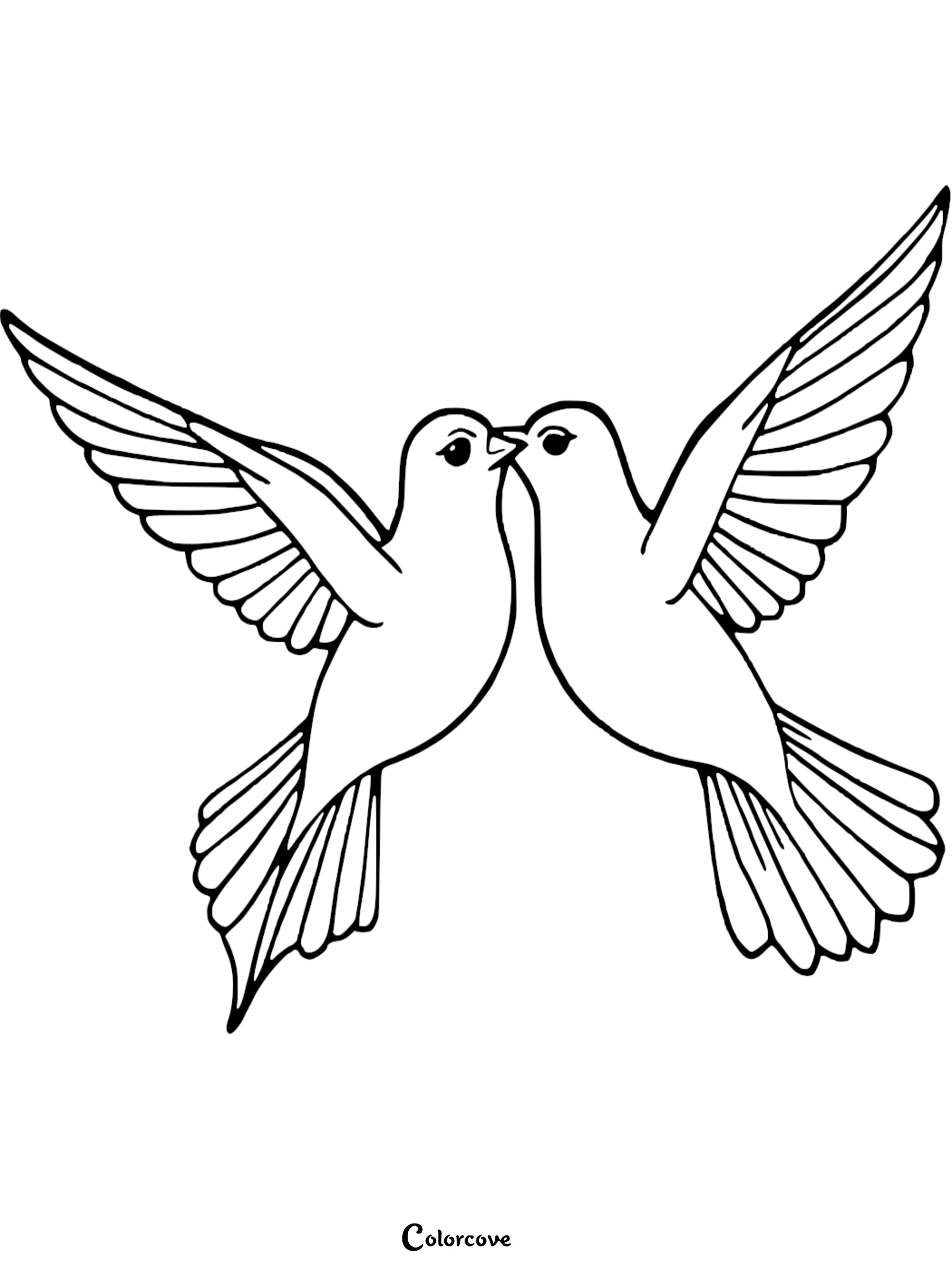A detailed black and white line art of two love birds flying together and touching beaks, ideal for kids free printable coloring sheets.