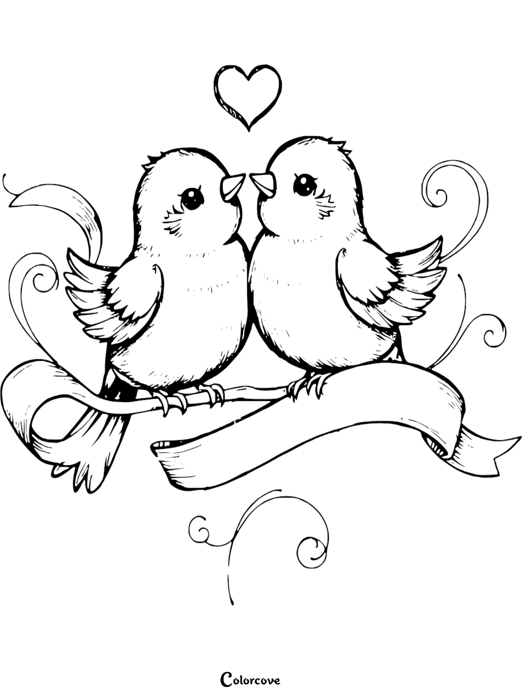 A sweet love birds coloring page featuring two cute birds on a branch with a heart and a decorative banner for kids to color.
