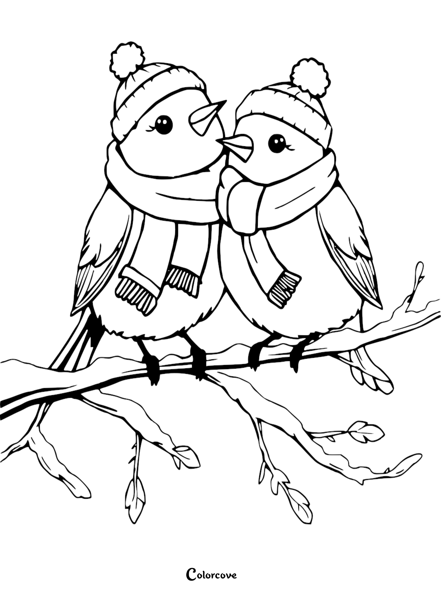 A cute winter-themed coloring page featuring two small birds wearing pom-pom hats and cozy scarves while sitting on a snowy tree branch.