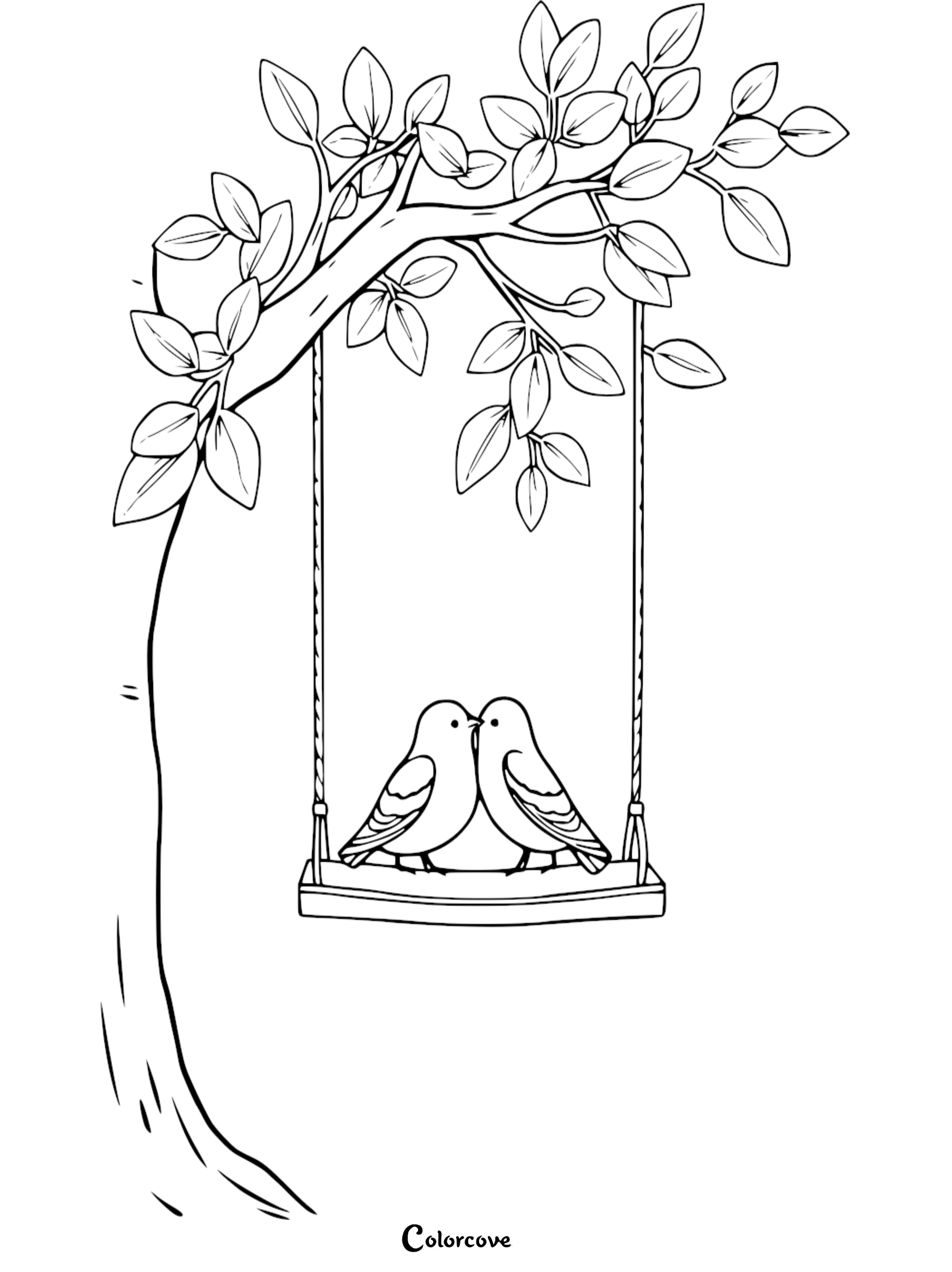 A peaceful coloring page featuring two cute birds sitting together on a wooden swing hanging from a leafy tree branch.