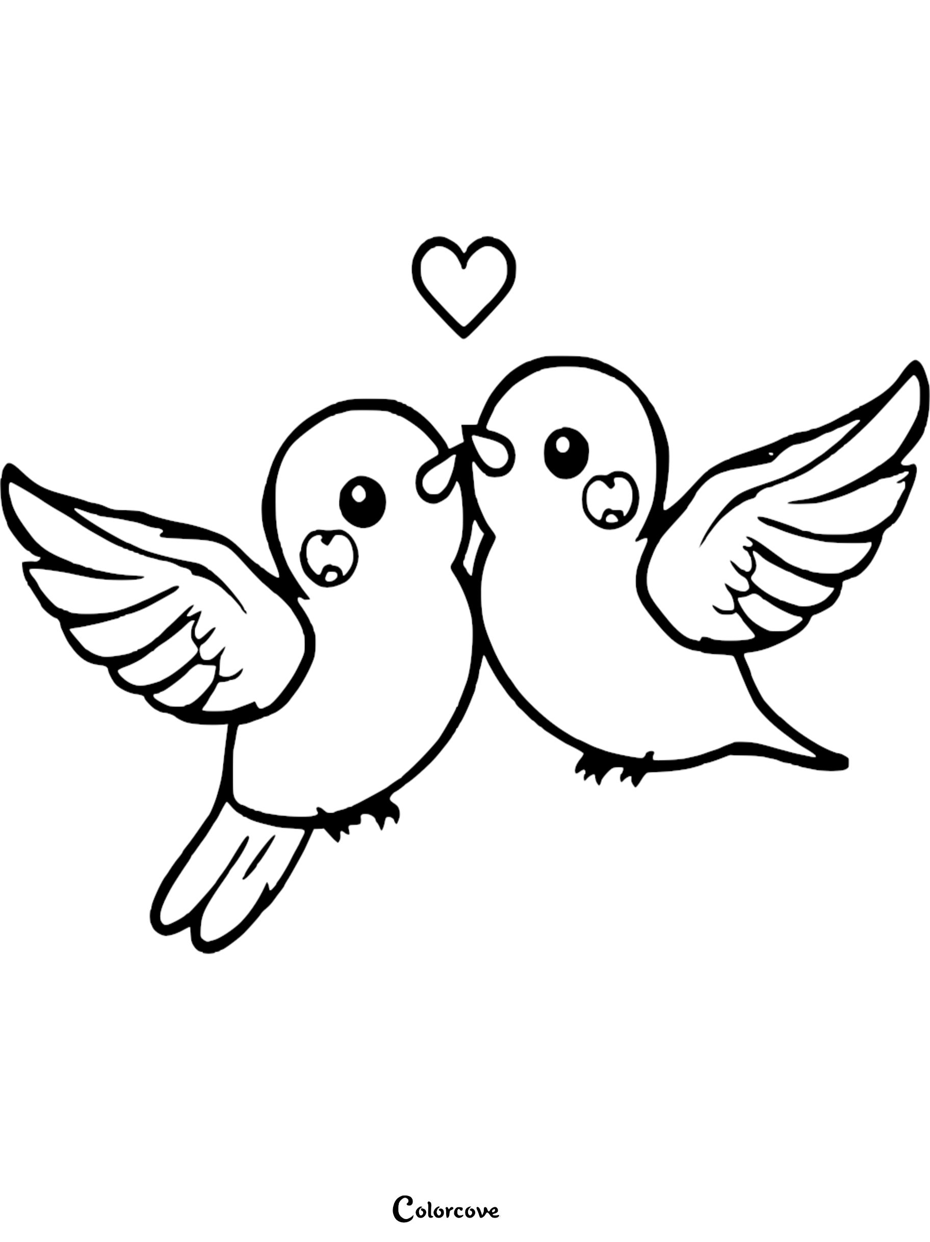 A cute printable coloring page for kids featuring two little love birds flying together with a small heart above them.