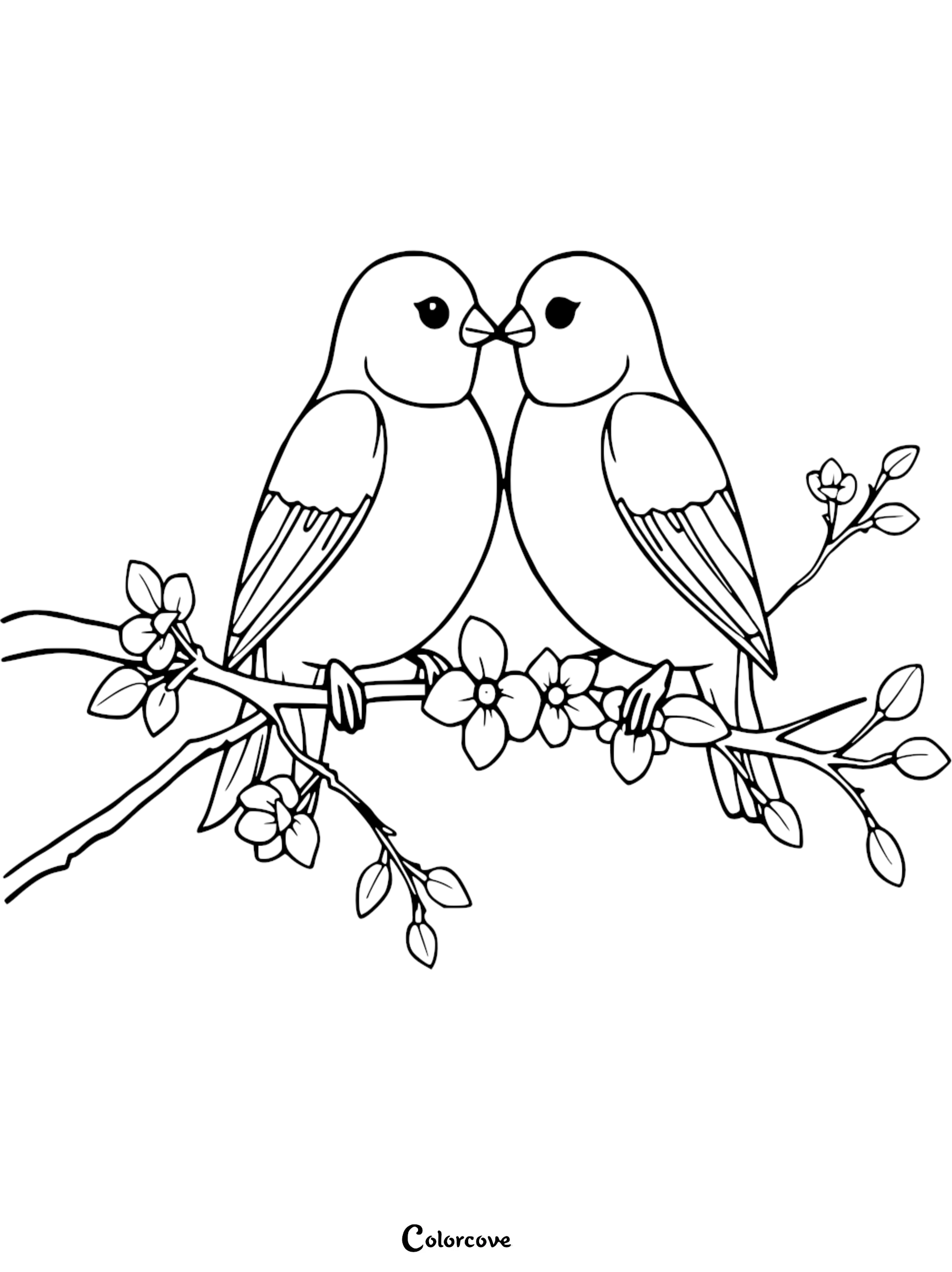 A sweet coloring page featuring two love birds perched on a blooming tree branch with small flowers, perfect for kids and adults.