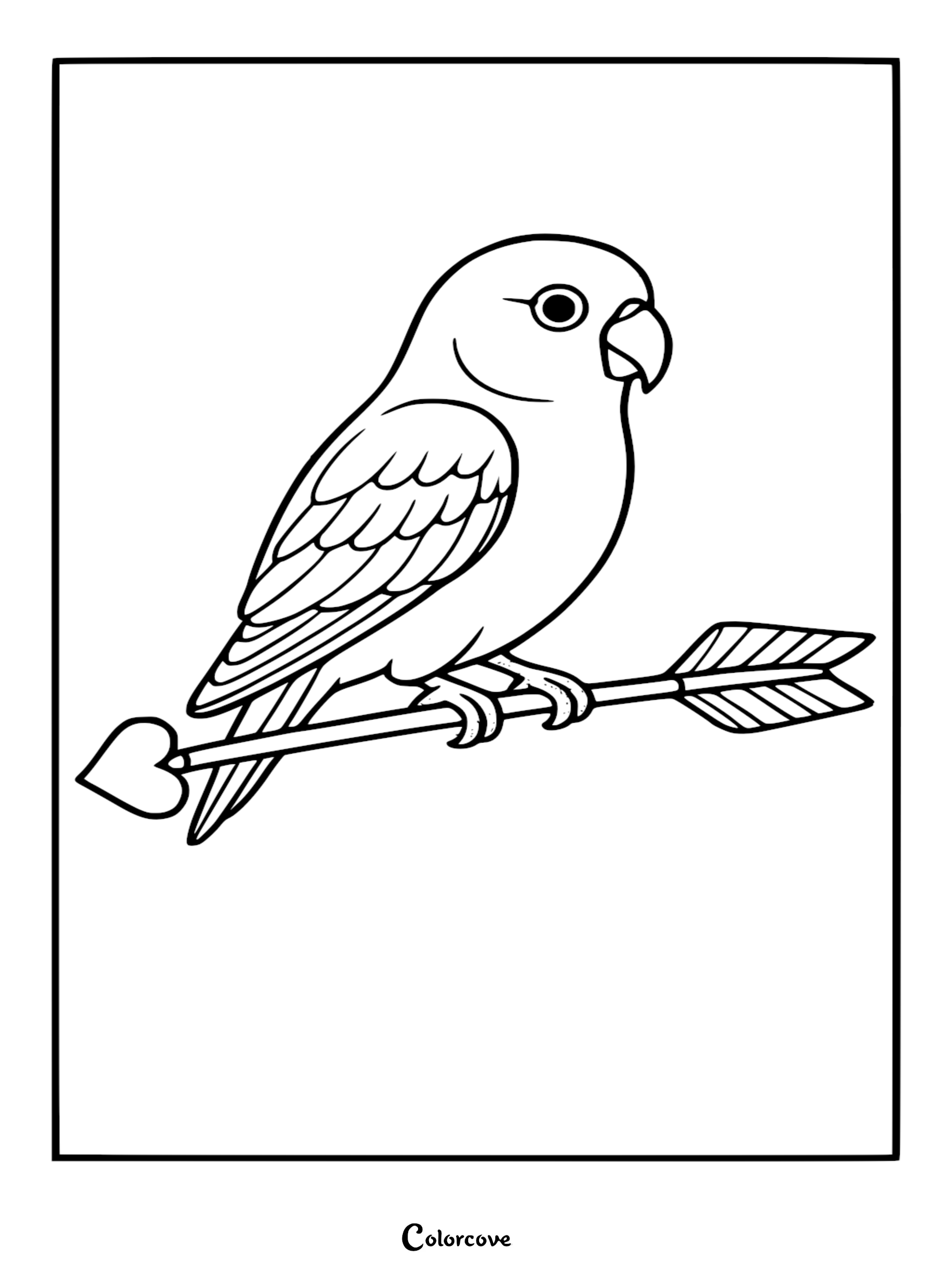 Download this free printable lovebird coloring page featuring a charming bird perched on Cupid's arrow. Perfect for Valentine's Day or bird lovers, this cute coloring sheet is ready to print and color in seconds.