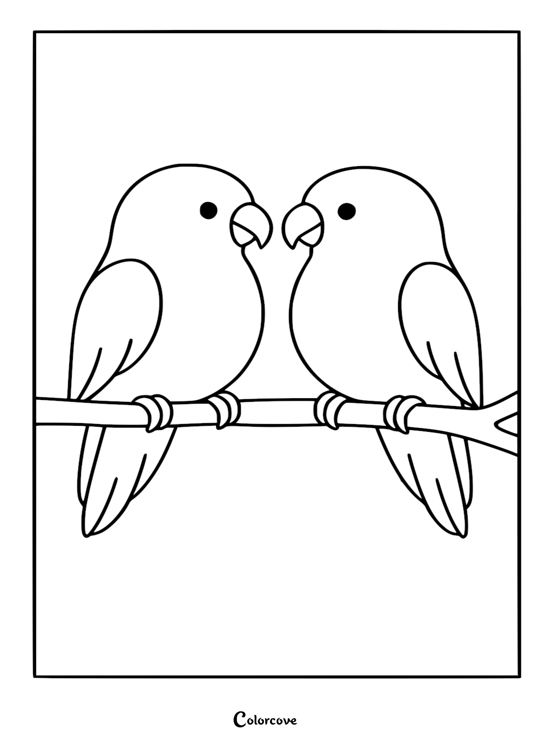 Download and print this free lovebirds coloring page, featuring two adorable parrots sitting together on a branch. This easy-to-color sheet is perfect for kids and bird enthusiasts alike.