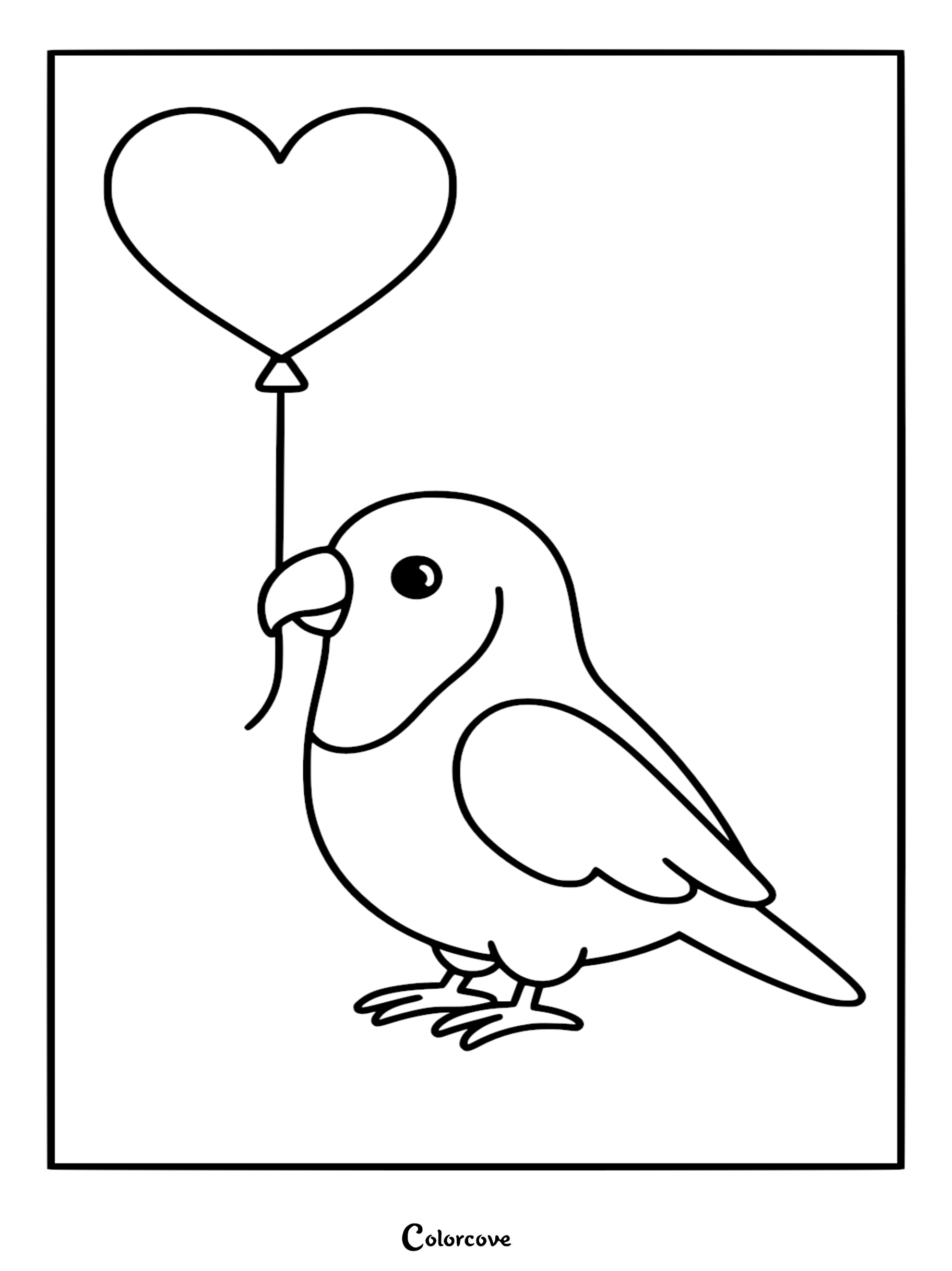 Download and print this adorable lovebird coloring page featuring a cute bird with a heart balloon. This free, high-quality printable is perfect for kids to color for Valentine's Day or any day they want to spread some love.