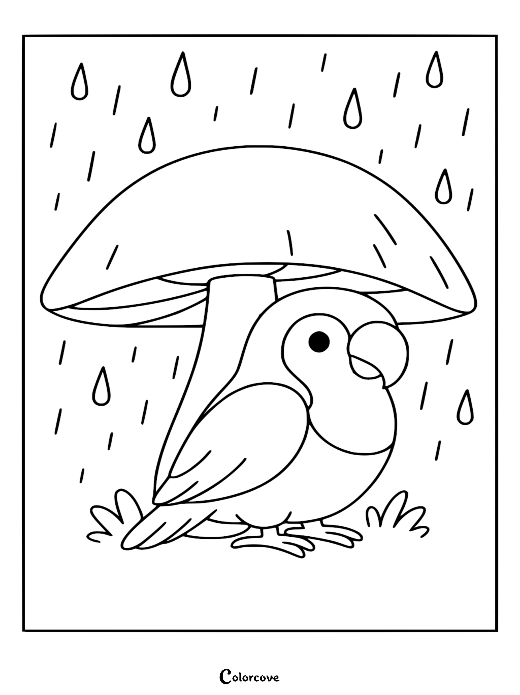 Download this adorable free printable lovebird coloring page featuring a sweet bird hiding from the rain under a mushroom umbrella. A perfect creative activity for children to explore colors while celebrating nature's cutest birds.