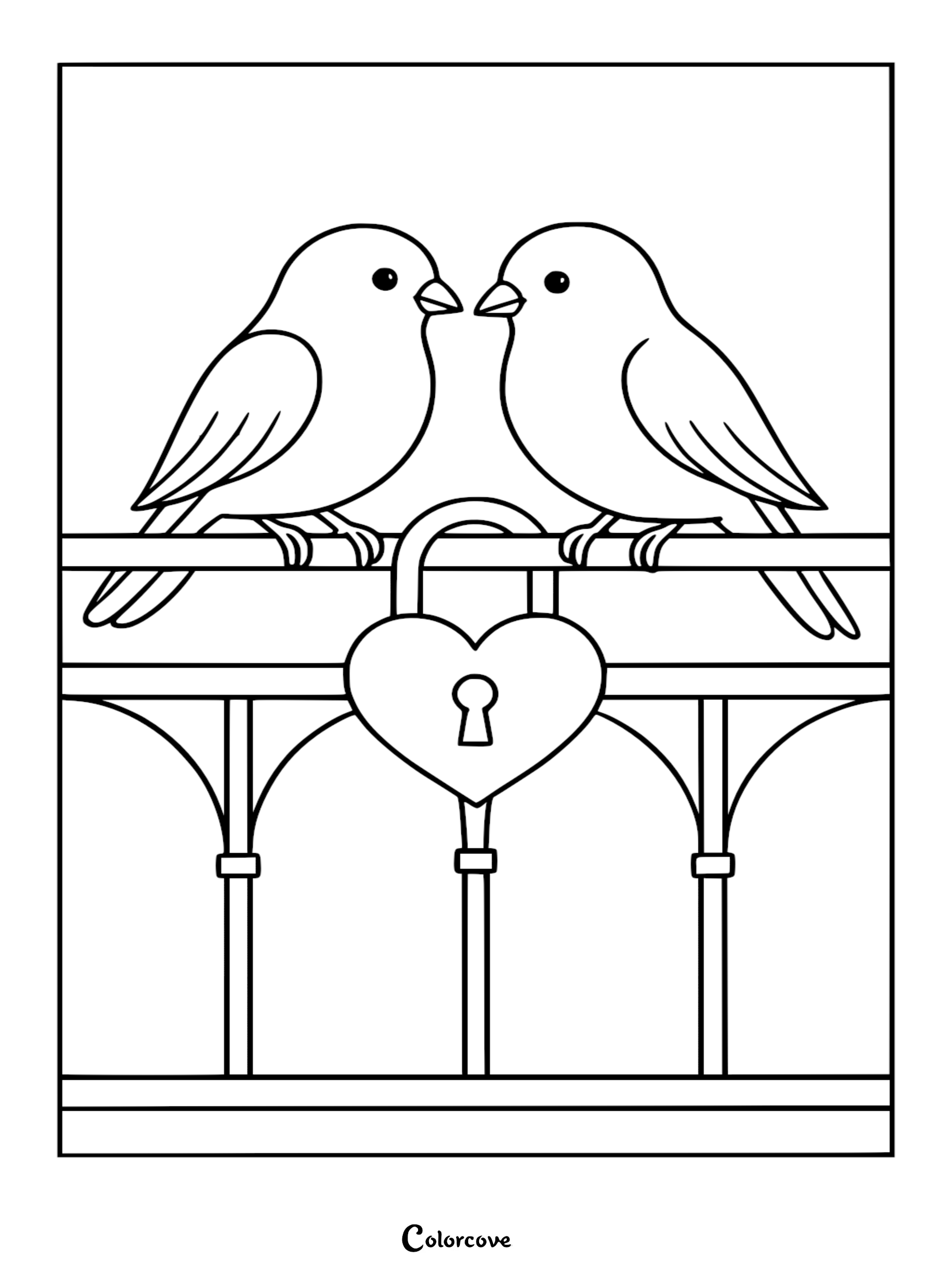 Celebrate romance with this adorable coloring page of two lovebirds sitting by a heart-shaped lock. Perfect for Valentine's Day, this printable sheet offers a fun and creative activity for bird lovers of all ages.