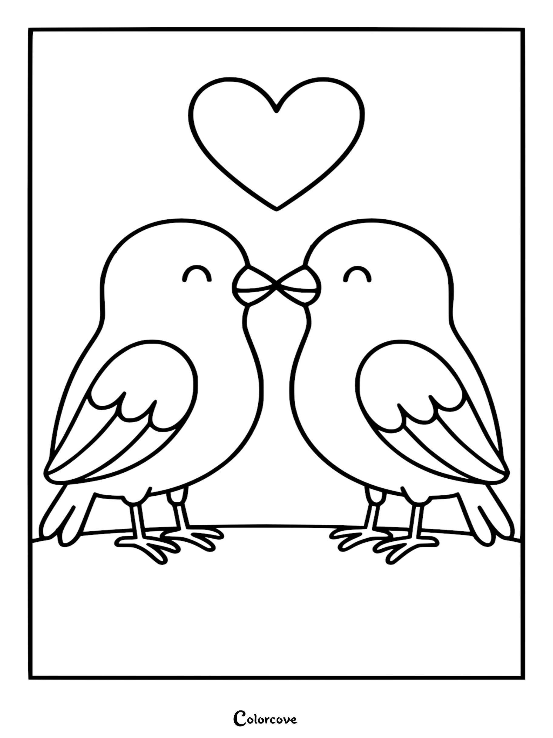 Bring this adorable scene to life with our free lovebirds coloring page, perfect for kids who love nature and romantic themes. Simply download and print this cute illustration of two birds sharing a moment under a heart.