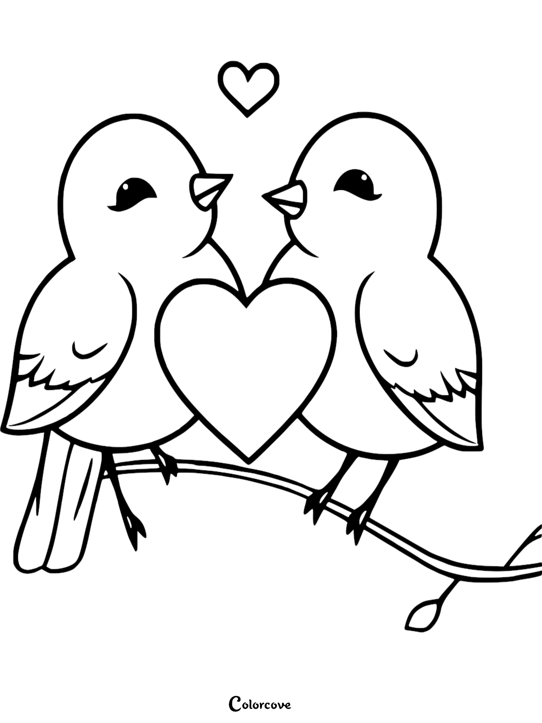 A simple and cute love birds coloring page featuring two adorable birds on a branch with a large heart, perfect for Valentine's Day activities.