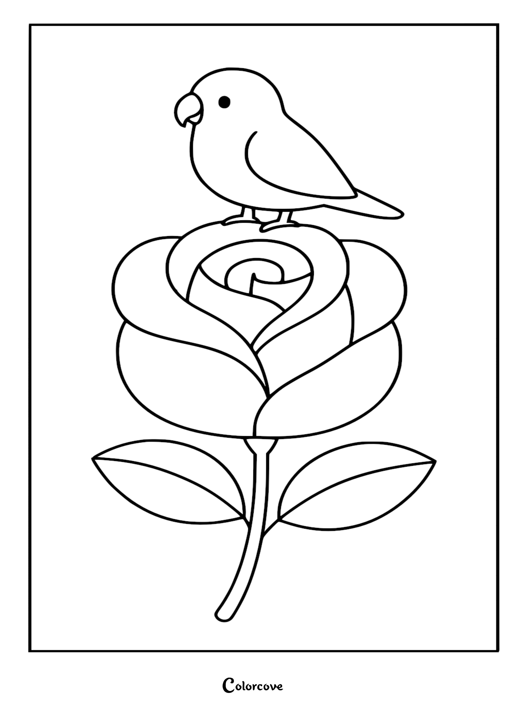 Bring this charming scene to life with our free lovebird on rose coloring page, ideal for young artists and bird enthusiasts. Download or print this simple yet beautiful illustration for a fun and creative indoor activity.