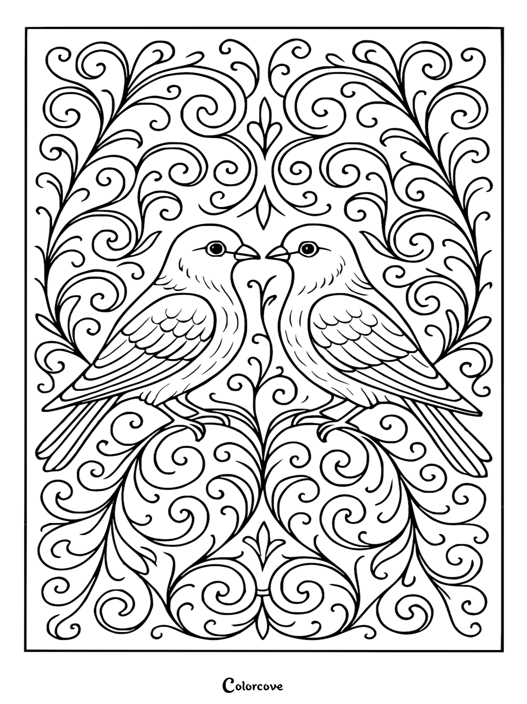 Download and print this free lovebirds coloring page featuring beautiful birds surrounded by elegant, intricate scrollwork. Perfect for bird lovers and adults seeking a relaxing, high-detail coloring activity.