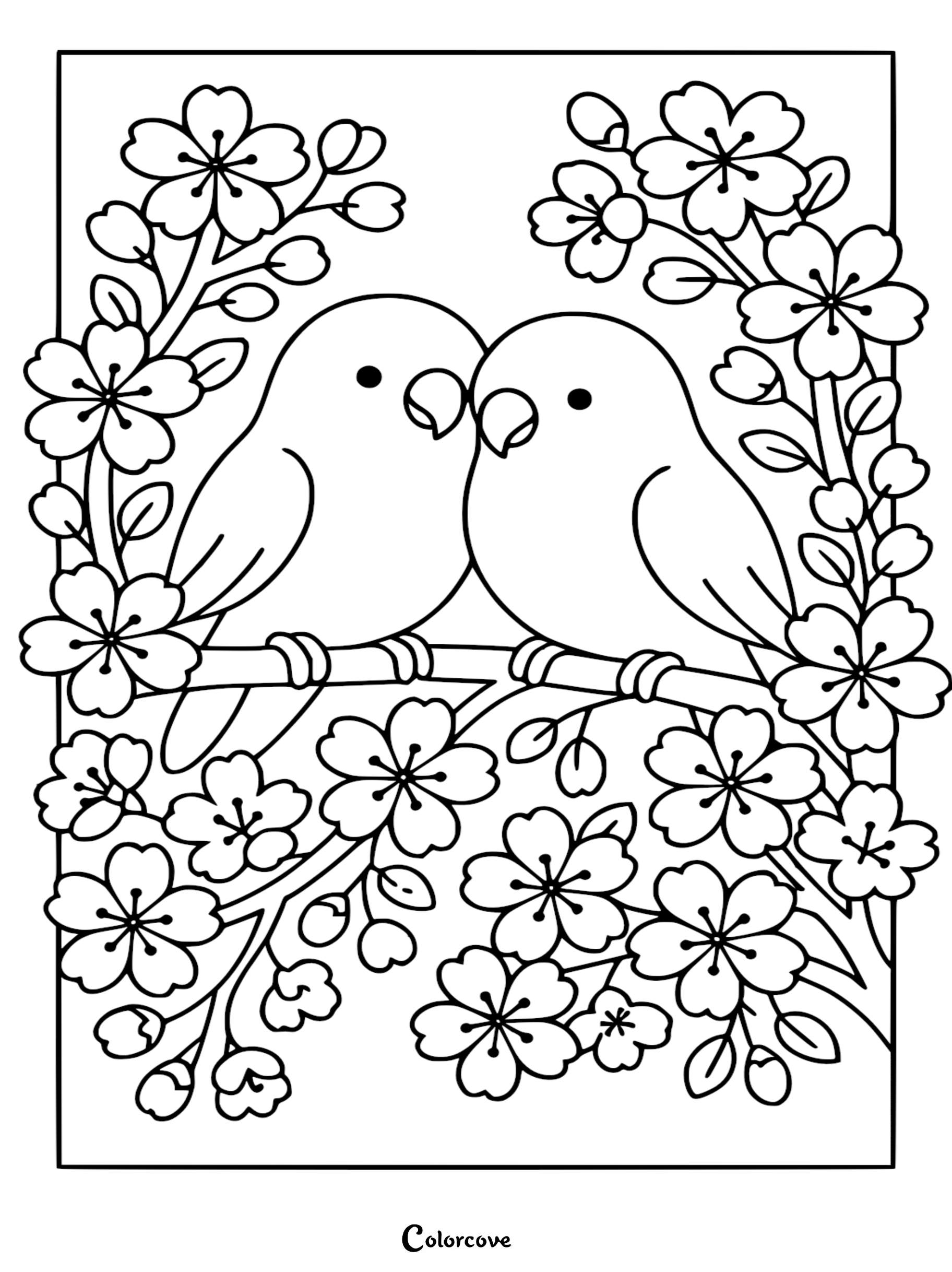 Bring these sweet lovebirds to life with your favorite colors as they sit among beautiful spring blossoms. This free printable coloring page is perfect for bird lovers of all ages looking for a relaxing creative activity.