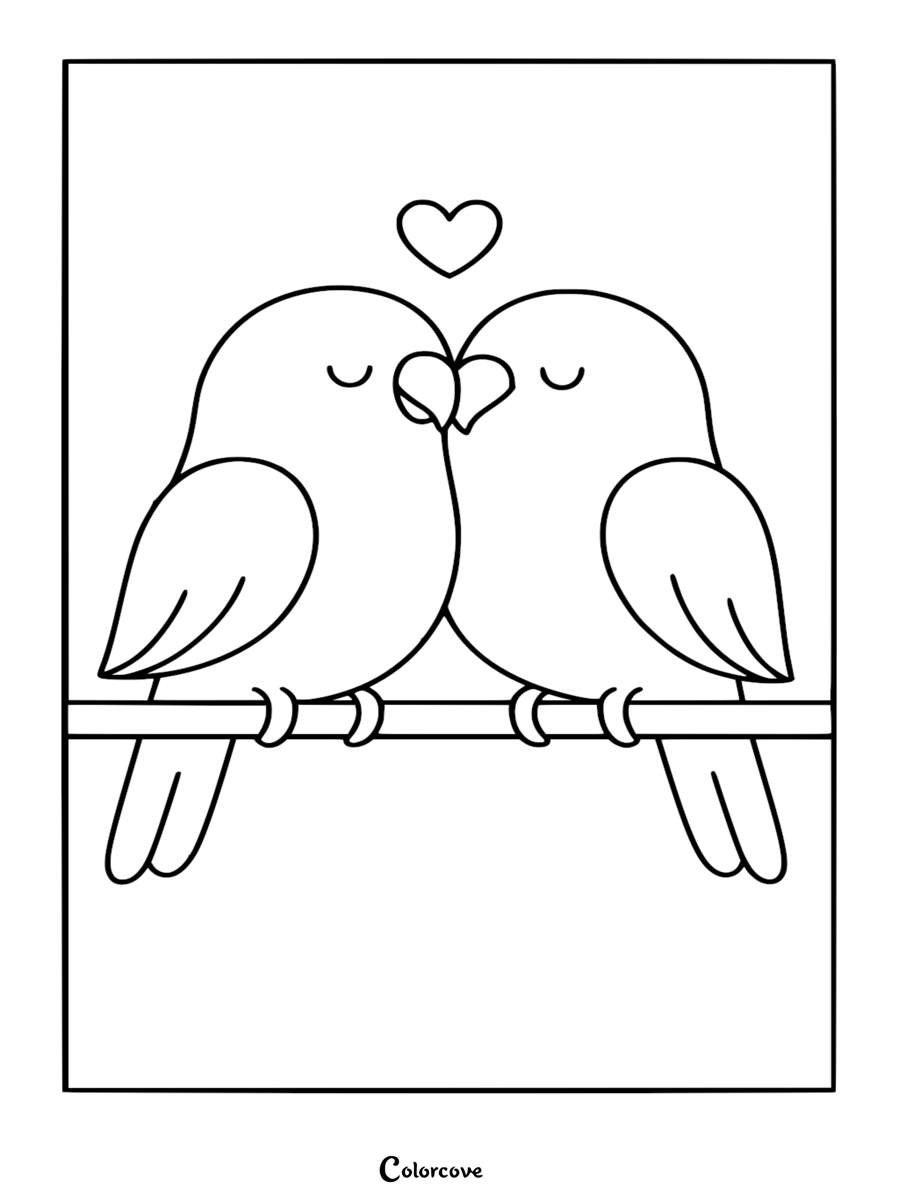 Download and print this adorable lovebirds coloring page featuring two sweet birds sharing a moment on a branch. It's a perfect free activity for kids to express their creativity with vibrant colors.