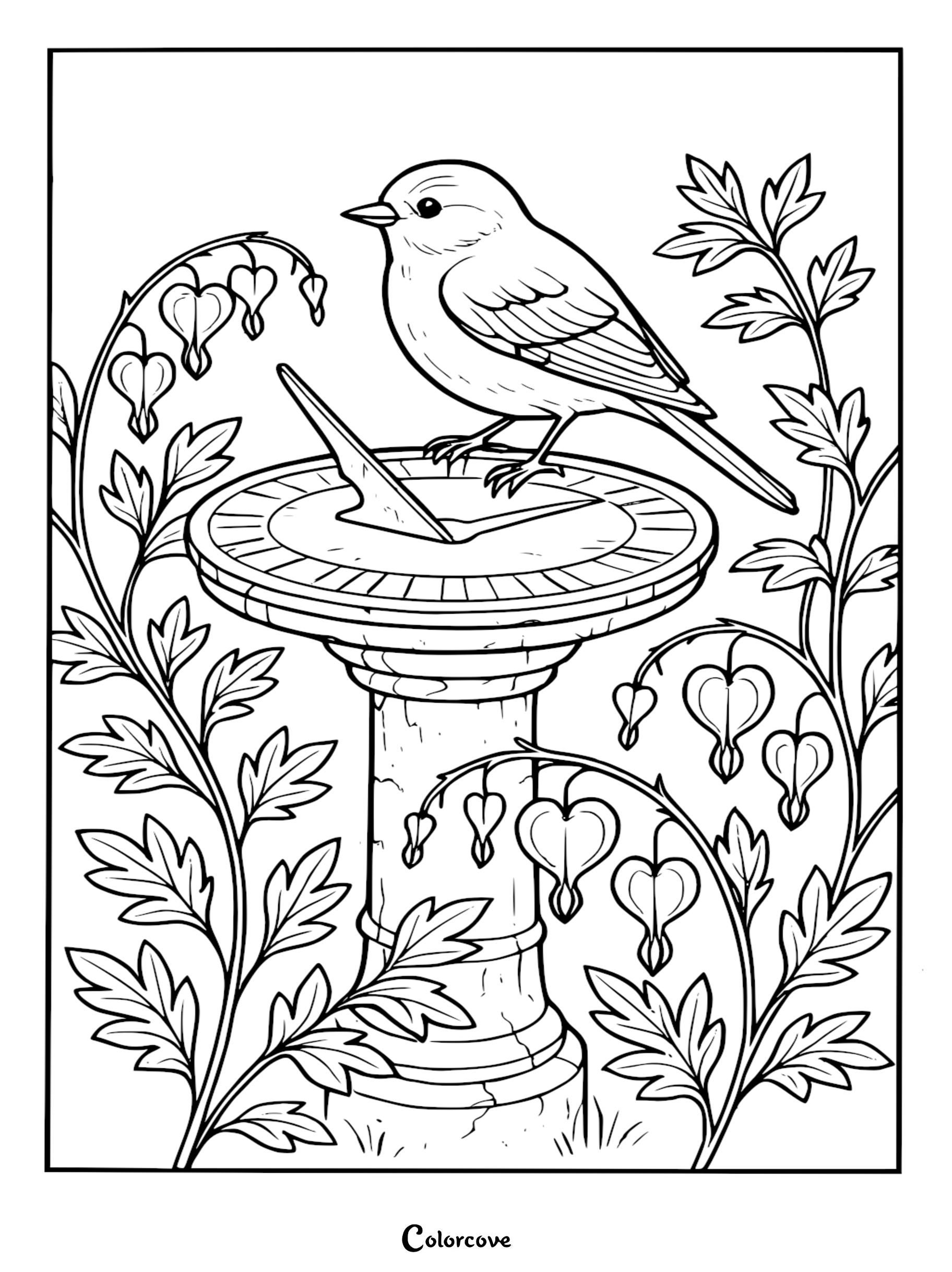 Download and print this free lovebird on a sundial coloring page, featuring beautiful bleeding heart flowers for a relaxing garden-themed activity. Perfect for bird lovers and nature enthusiasts of all ages who want a creative, printable coloring sheet.