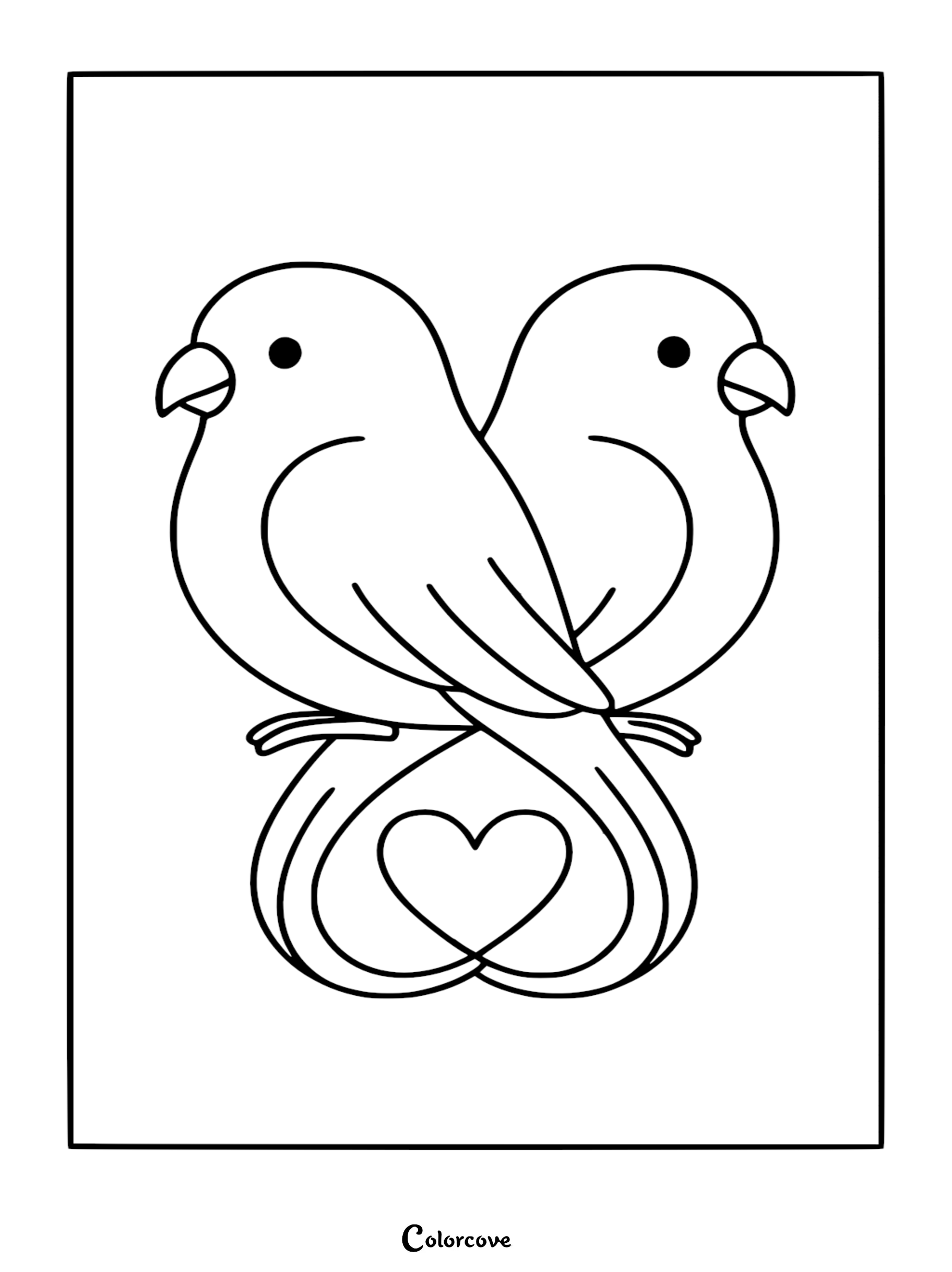 Celebrate love with this adorable lovebirds coloring page featuring two sweet birds forming a heart with their tails. This free printable is perfect for kids and bird lovers looking for a simple and charming activity.